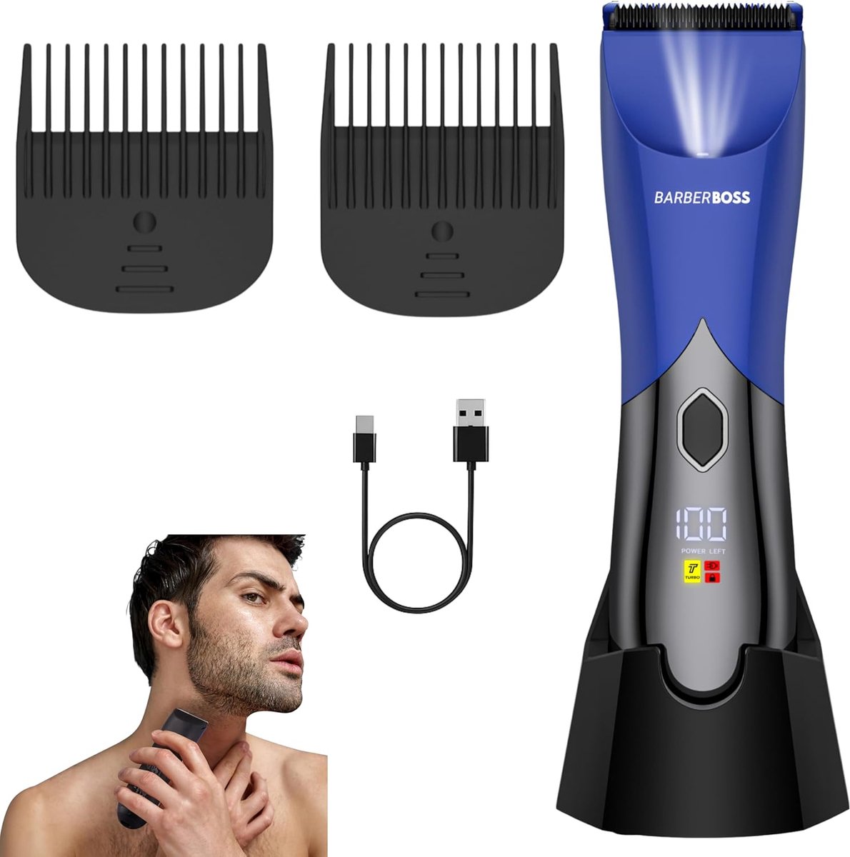 SnelShoppen - Waterdichte Baard- en Lichaamshaartrimmer voor Mannen, Ceramische Bladen, Dubbele Snelheid, LED Display en Oplaadstation, Blauw