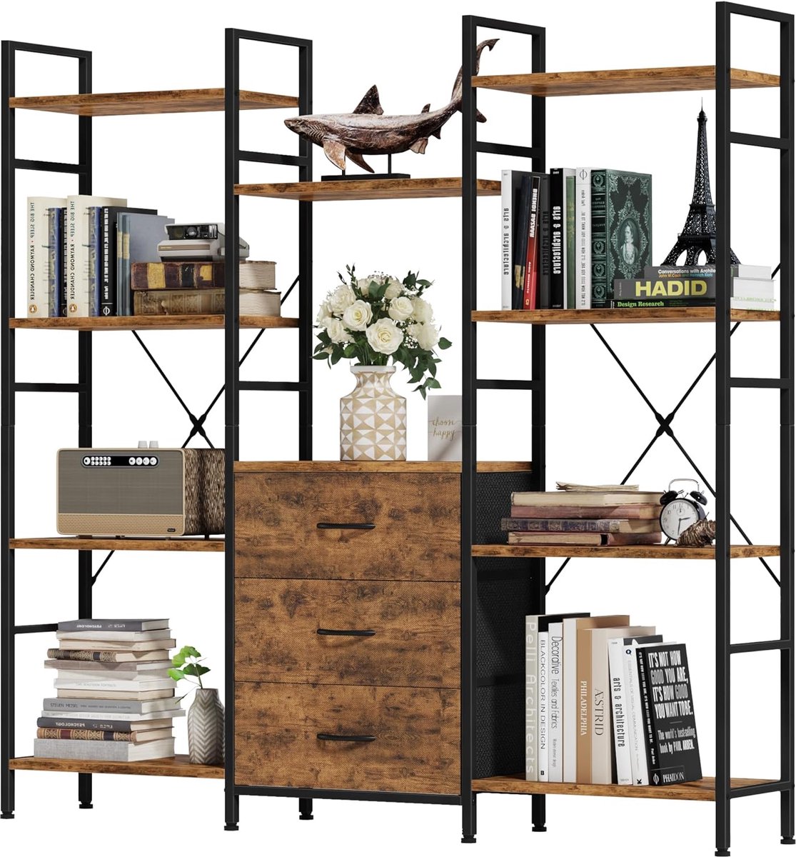 SnelShoppen - Hoge Boekenkast 100x142 cm, 4-Lagen, 3 Stoffen Lades, Rustiek Hout | Grote Boekenkast voor Woonkamer, Kantoor en Werkruimte, Industrieel