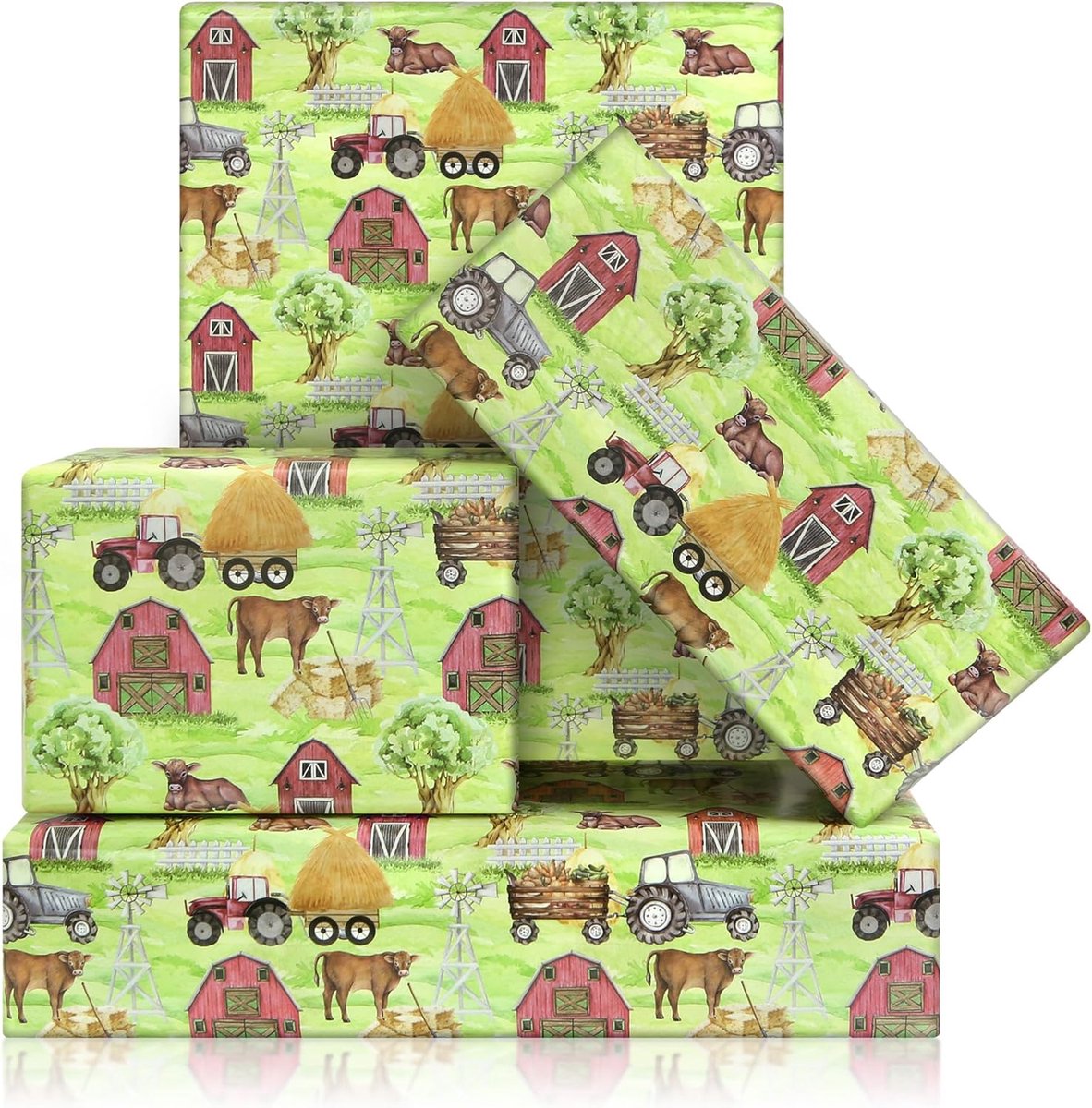 SnelShoppen - Boerderij Koe Inpakpapier - Aquarel Gift Wrap Papier met Koe, Tractor en Boerderij Design - 4 Vellen Gevouwen Platte 50x70cm - Perfect v