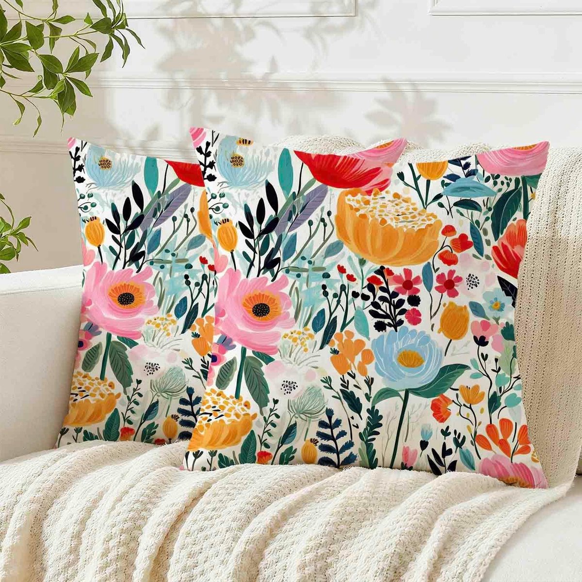 Decoratieve Kussenhoes 50 x 50 cm met Bloemenprint in Blauw voor Buiten en Binnen, Kleurvolle Sofa Kussens voor de Woonkamer en Tuin