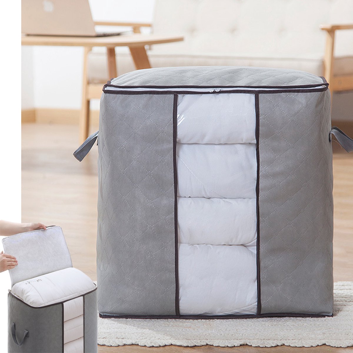 KZQ Opvouwbare plastic kledingopbergbox met handvatten - Verticale organizer voor beddengoed dekens kussens en kleding - Perfect voor slaapkamer en kast - Grijs