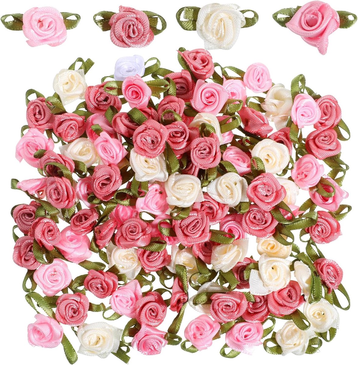 SnelShoppen - 100 Mini Rozen Satijnen Strikjes Bloemen met Bladeren - Kunstbloemen DIY Accessoires voor Creatieve Projecten, Verpakking, Feesten, Deco