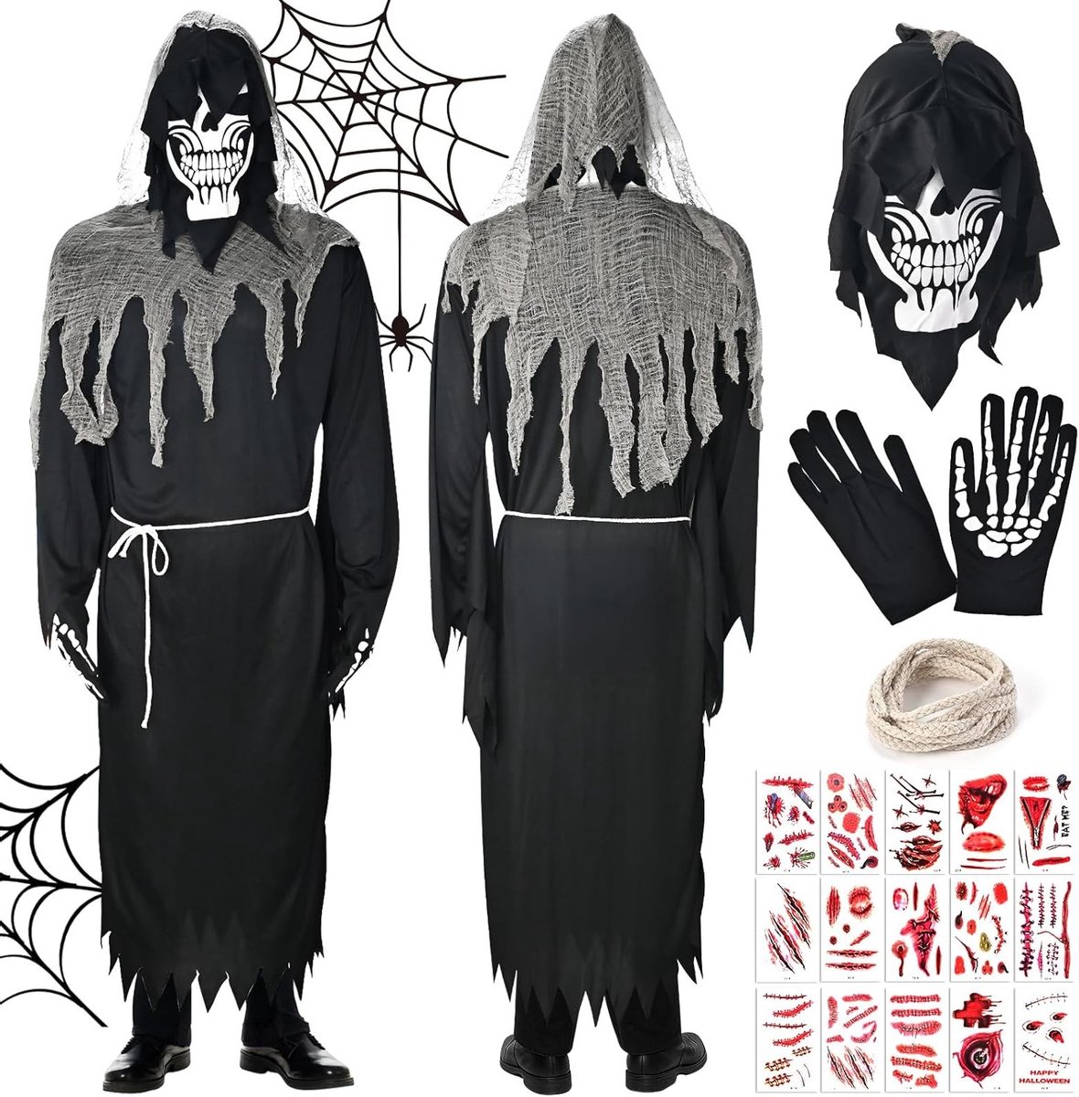 Halloween Kostuum voor Mannen - Skelet Horror Outfit met Gezichtsmasker, Handschoenen en 25 Tattoos - Unisex Zombie Kostuum voor Feest en Carnaval