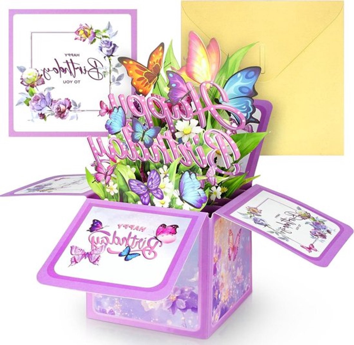 Pop-up kaart met vlinder, 3D Happy Birthday design, verjaardagskaarten met enveloppen, berichtkaarten, familie en vrienden, feestelijke wenskaart.