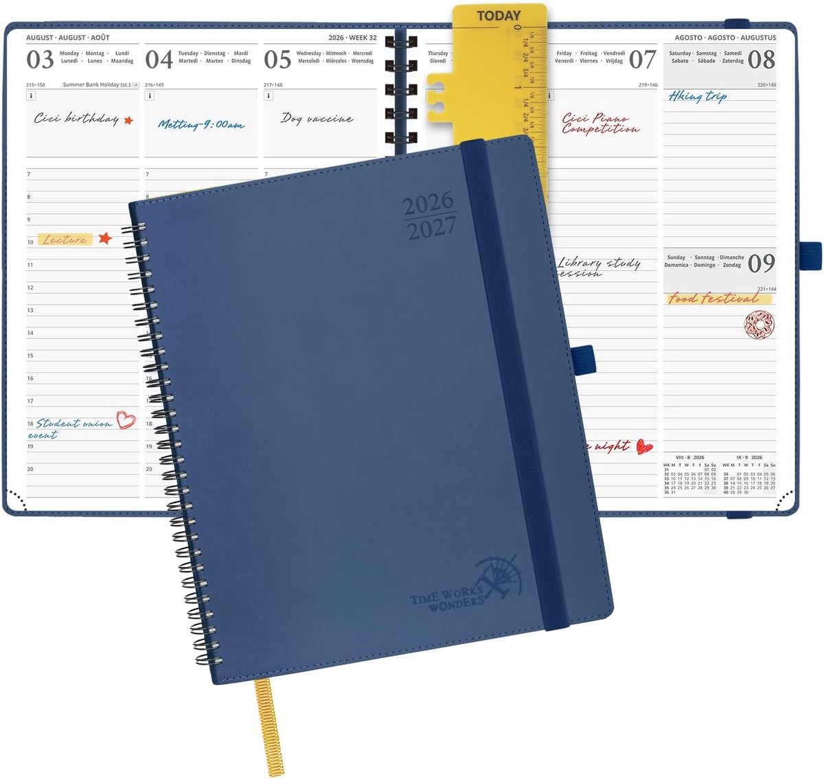 SnelShoppen - Agenda 2026-2027 Weekly Planner 26.5x21.5 cm, Verticale Planner van Aug'26 - Dec'27, Zachte PU Leren Kaft, Spiral Binding, 80 GSM Papier