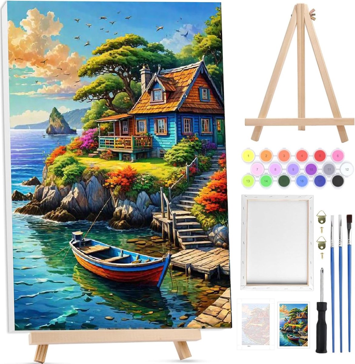 SnelShoppen - Paint by Numbers Kit voor Volwassenen met Frame - Zeegezichten Schilderen op Doek - DIY Acrylverf Set voor Beginners - Compleet met Ezel
