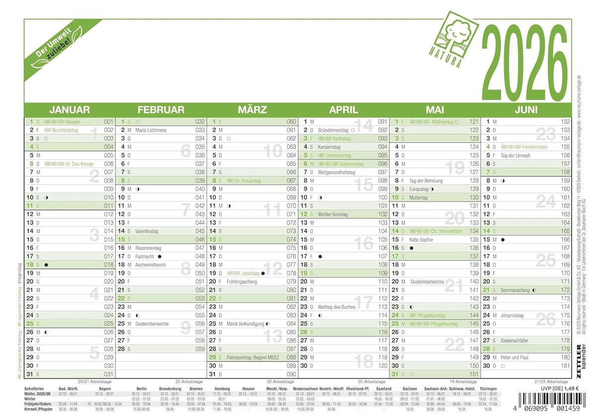 SnelShoppen - Arbeitstagekalender A5 2026 - Duurzaam Blauer Engel - 21x15 cm - 6 Maanden per Blad - Werkdagen, Dag- & Weektellertje, Vakanties, Feestd