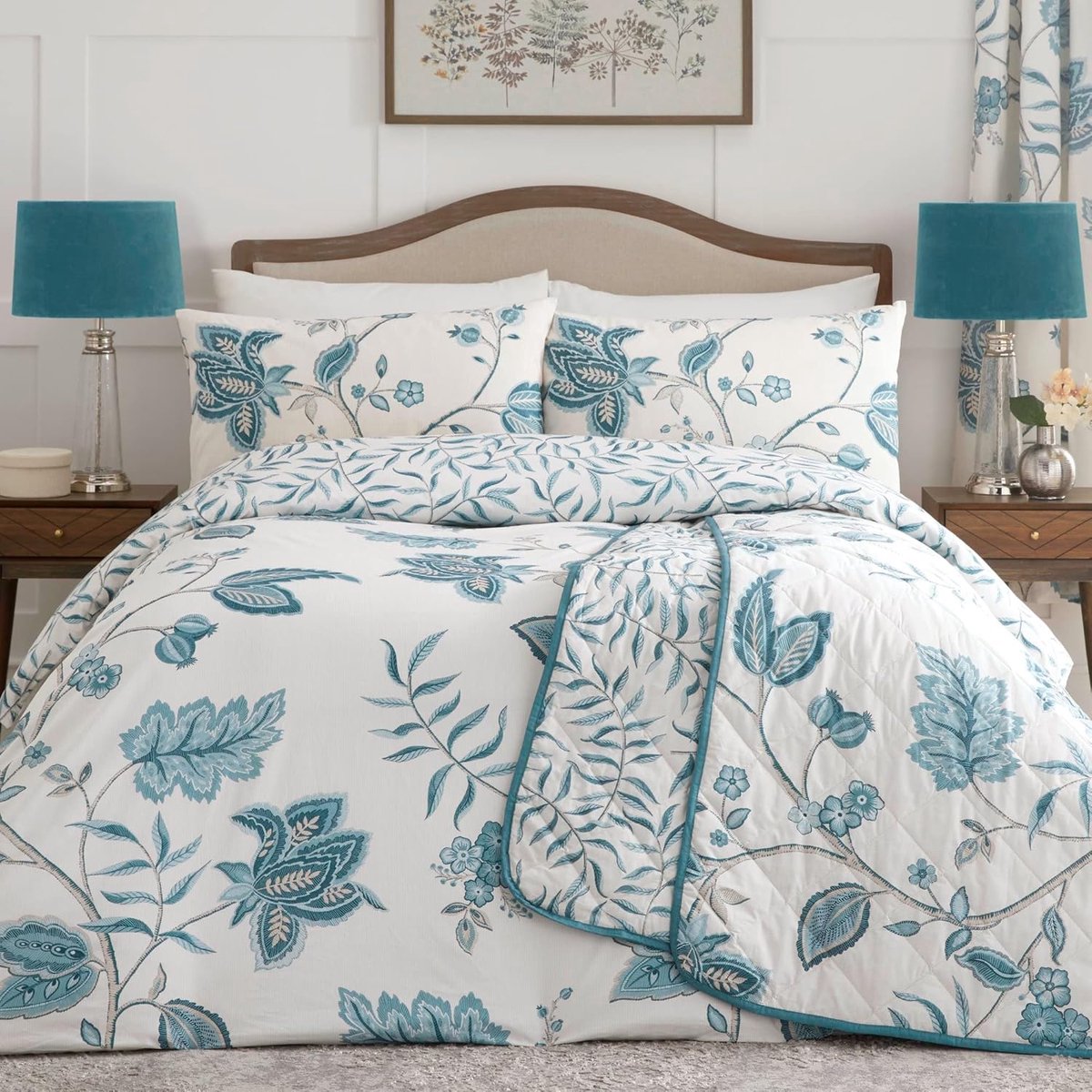 SnelShoppen - Dekbedovertrek Set King Size 230 x 220 cm - Turquoise Bloemen Design - Omkeerbaar Vintage Beddegoed met 2 Kussenslopen - Ideaal voor Tra