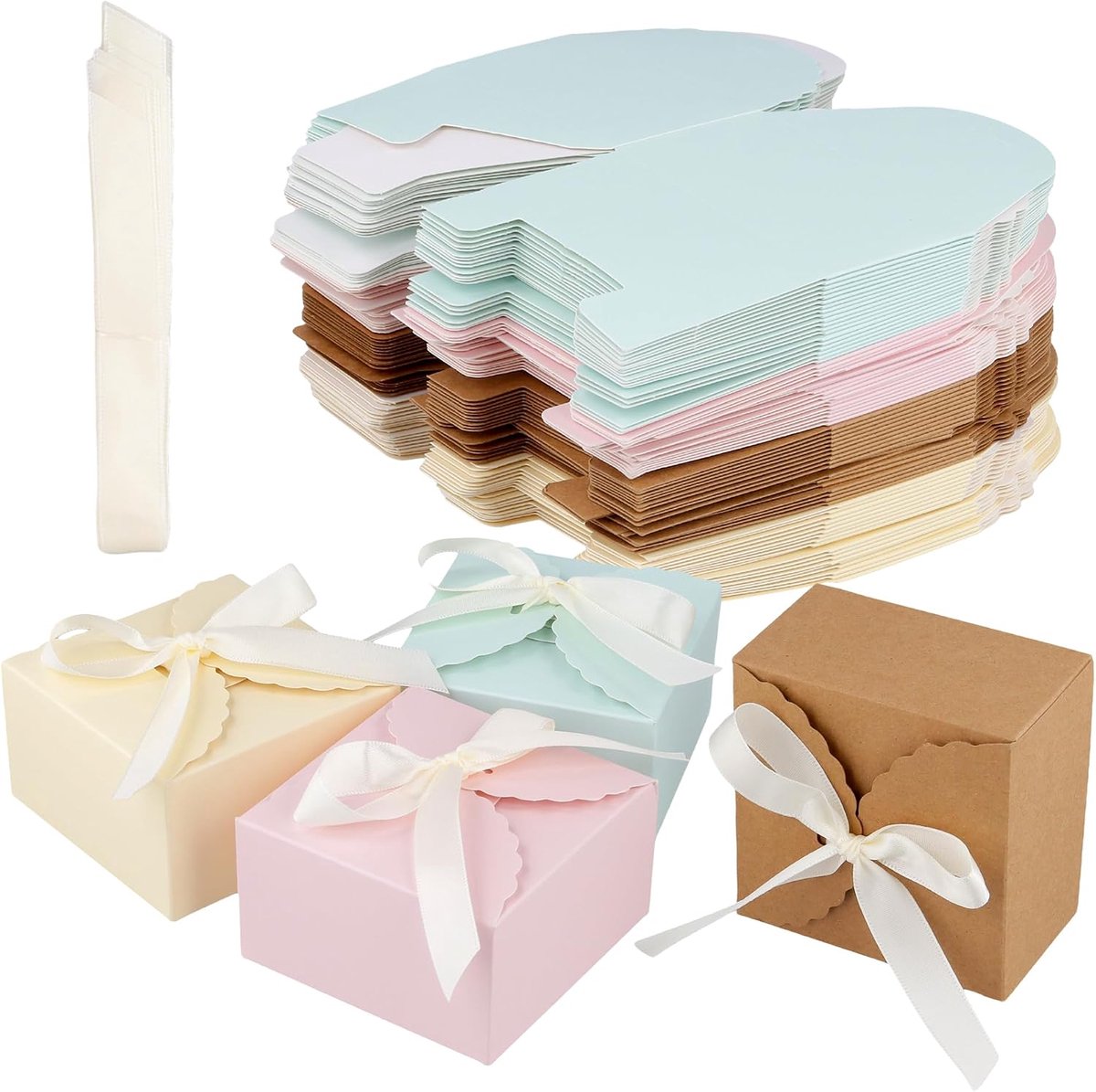 SnelShoppen - 80 Stuks Kleine Geschenkdozen met Lint - 9x9x5 cm - Kartonnen Dozen in 4 Kleuren - Voor Verjaardag, Bruiloft, Feest - Stevig en Duurzaam