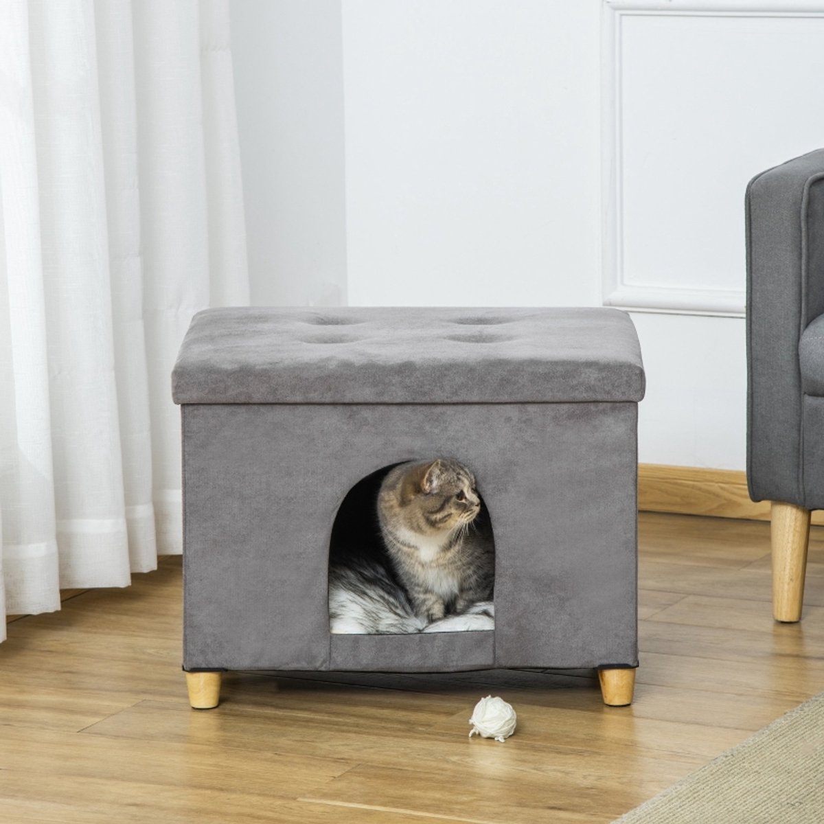 MIVRAY Dierenhuis – 2-in-1 Kattenhuis En Voetenbank – 60 x 45 x 44,5 cm – MDF En Pluche – Grijs – Voor Binnen – Met Houten Poten