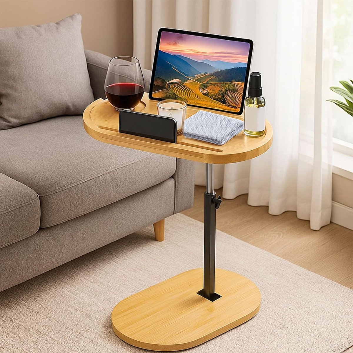 SnelShoppen - C Vormige Side Table 360° Rotatable en Hoogte Verstelbaar - Kleine Tafel van Bamboe en Metaal - Ideaal voor Smalle Ruimtes, Woonkamer of