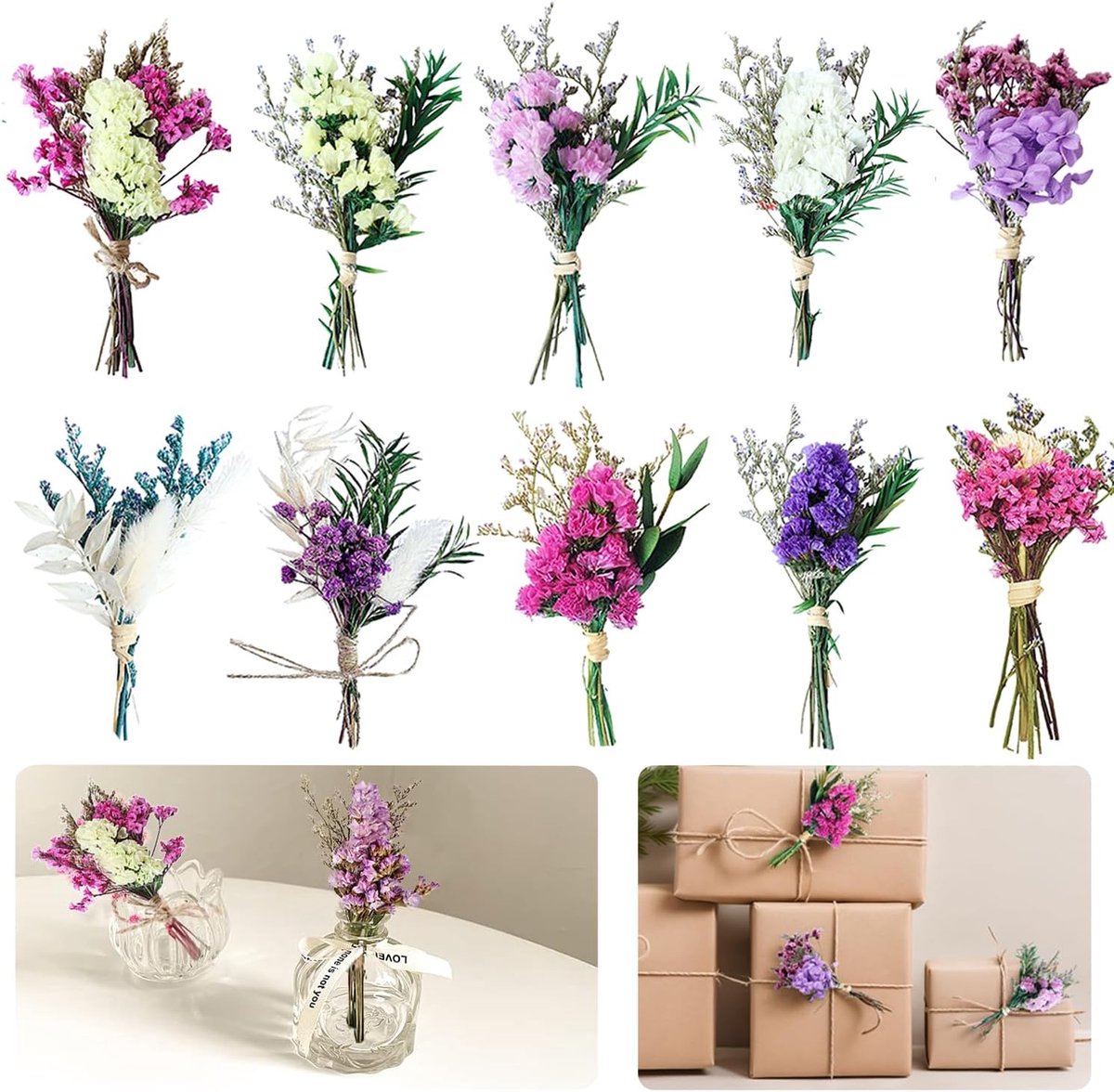 SnelShoppen - Mini Dried Flowers - Natuurlijk Gedroogde Bloemen voor DIY Kaart Decoratie en Huisdecoratie - Set van 10 Kleurige Mini Boeketten