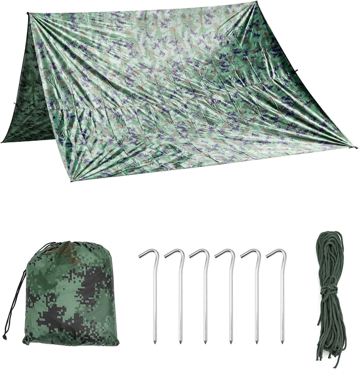 SnelShoppen - 3x3m Waterdichte Camping Tarp Camouflage Tentzeil voor Buiten Activiteiten, Inclusief Paracords en Haringen