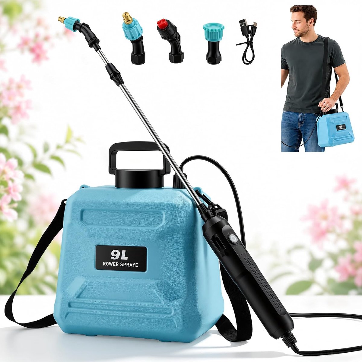 SnelShoppen - Elektrische Druksproeier 9 Liter Accu-Drukspuit met USB Oplaadbare Accu, 3 Sproeikoppen, Uittrekbare Sproeilans en Schouderriem voor Tui