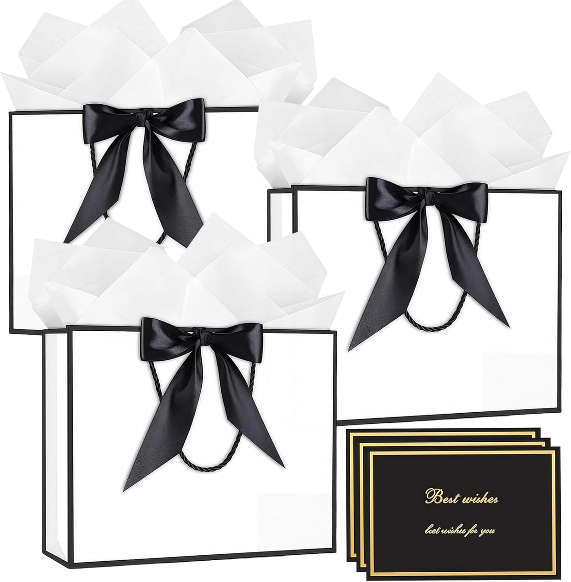 SnelShoppen - Witte Cadeautassen met Handvatten, 3 Stuks Middelgrote Papieren Cadeau Tassen, Inclusief 6 Tissuepapier en 3 Verjaardagskaarten voor Kin