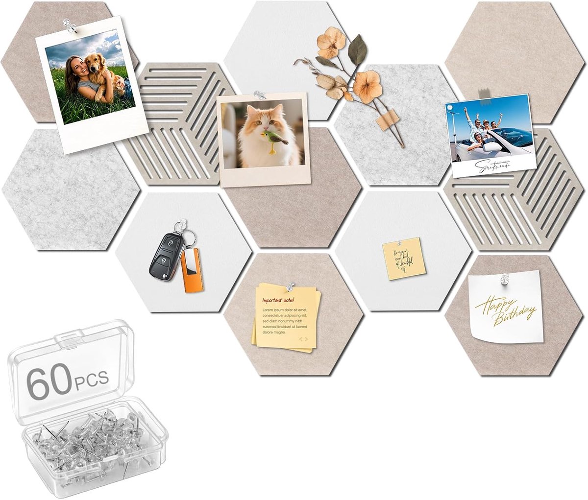SnelShoppen - Zelfklevend Hexagonaal Viltbord 30x26 cm voor DIY, 60 Pins, Camel Series - Foto's, Notities en Woondecoratie