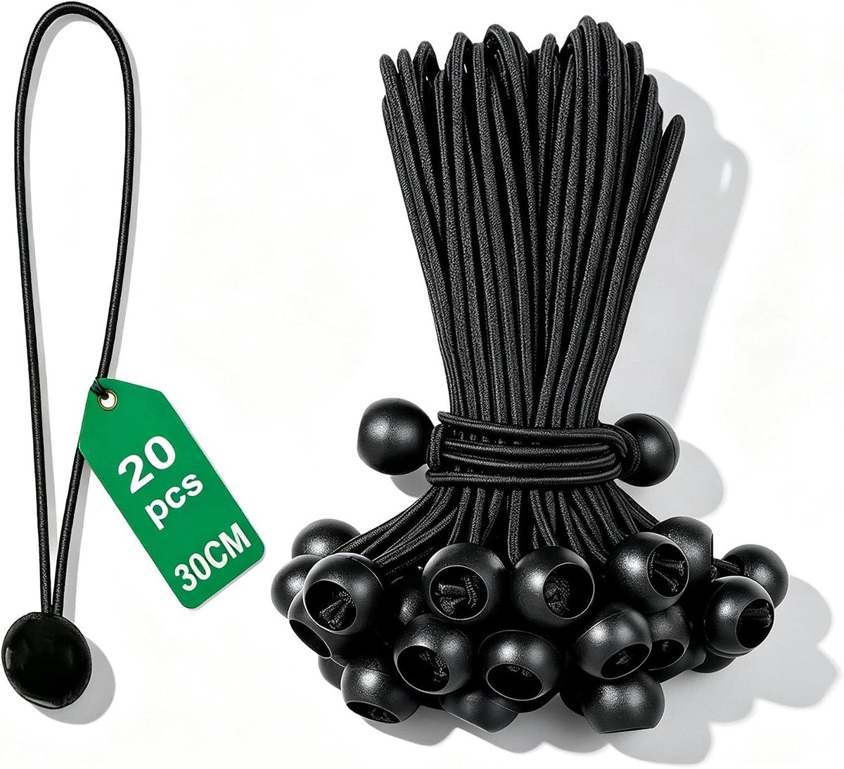 SnelShoppen - Emulsie Dekzeil Spanners, 20 Stuks, Zwarte Rekbanden met Bal, 30 cm Rubber voor Tent, Gordijnen, Bannner, Tuin, Camping, Multifunctionee