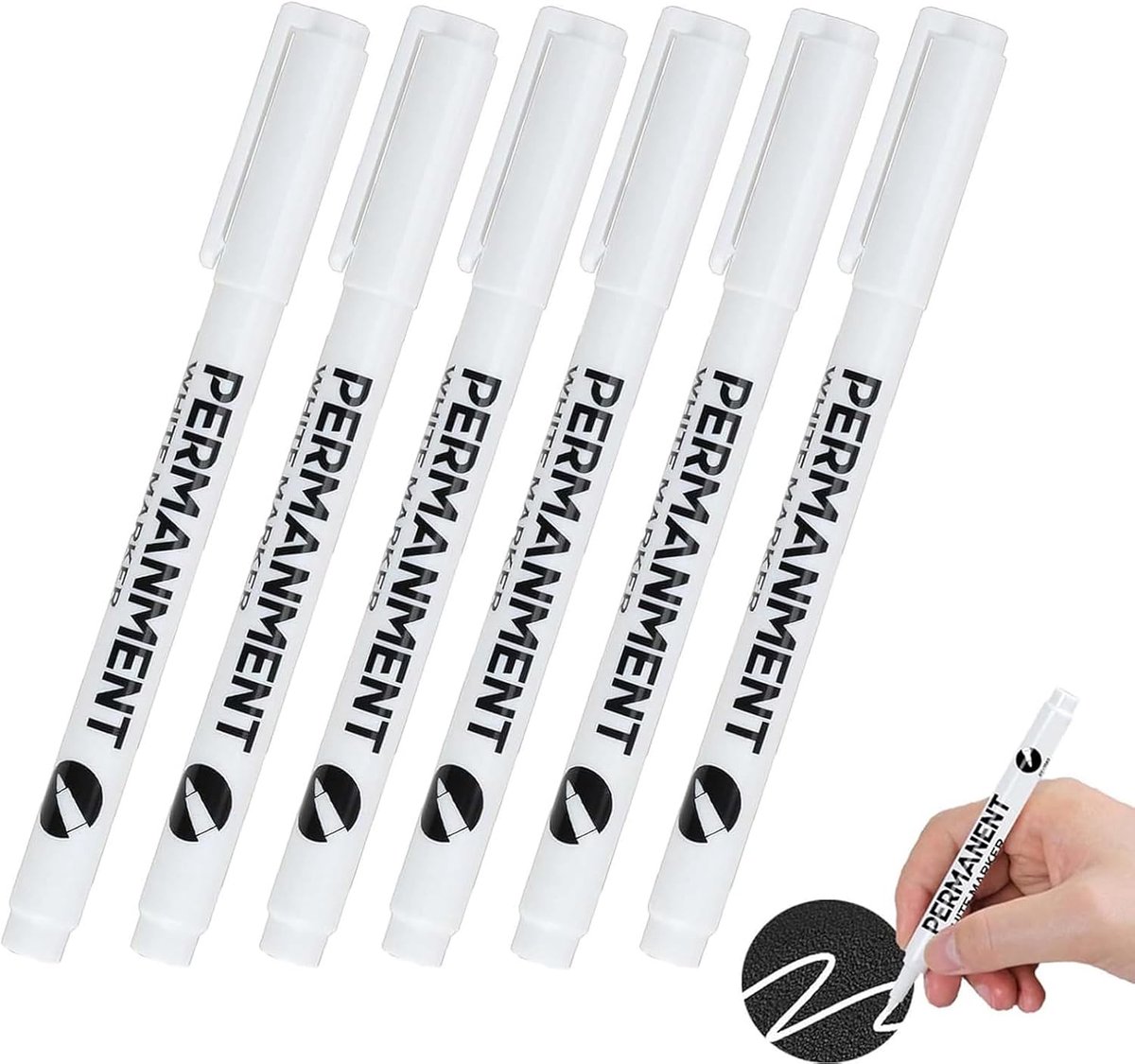 SnelShoppen - 6x Permanent White Marker, Wit, Waterproof, Sneldrogend, 2mm Punt, Geschikt voor Steen, Hout, Glas, Keramiek, Canvas, Papier en Meer