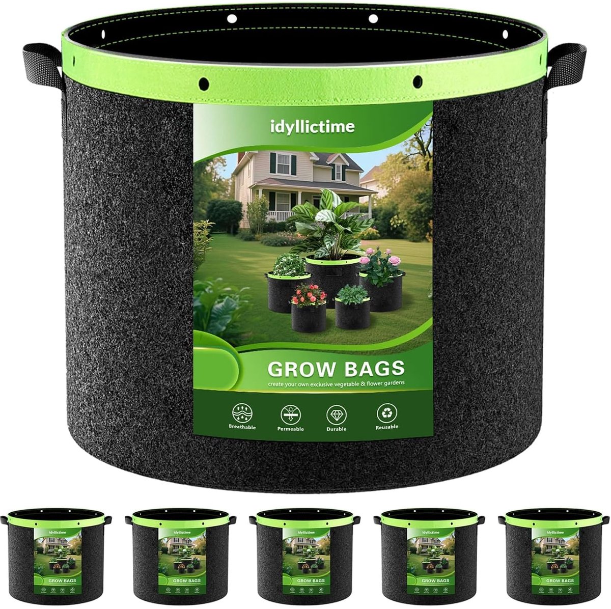 SnelShoppen - Growth Bags Set van 6, 37L Tuin Planten Tassen van 2mm 400g Duurzaam Non-woven Materiaal, Zwart, Herbruikbare Potten voor Tuin en Balkon