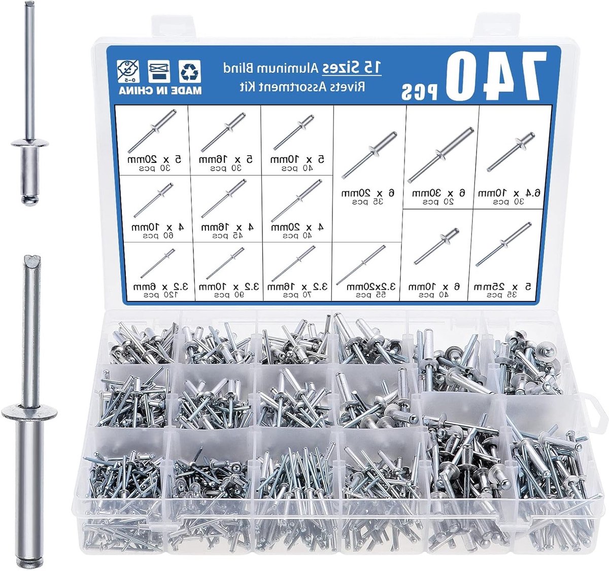 740 Stuks Aluminium Blinde Klinknagels 6.4mm/6mm/5mm/4mm/3.2mm - Multifunctionele Koepelkop Klinknagels voor Meubels en Machines