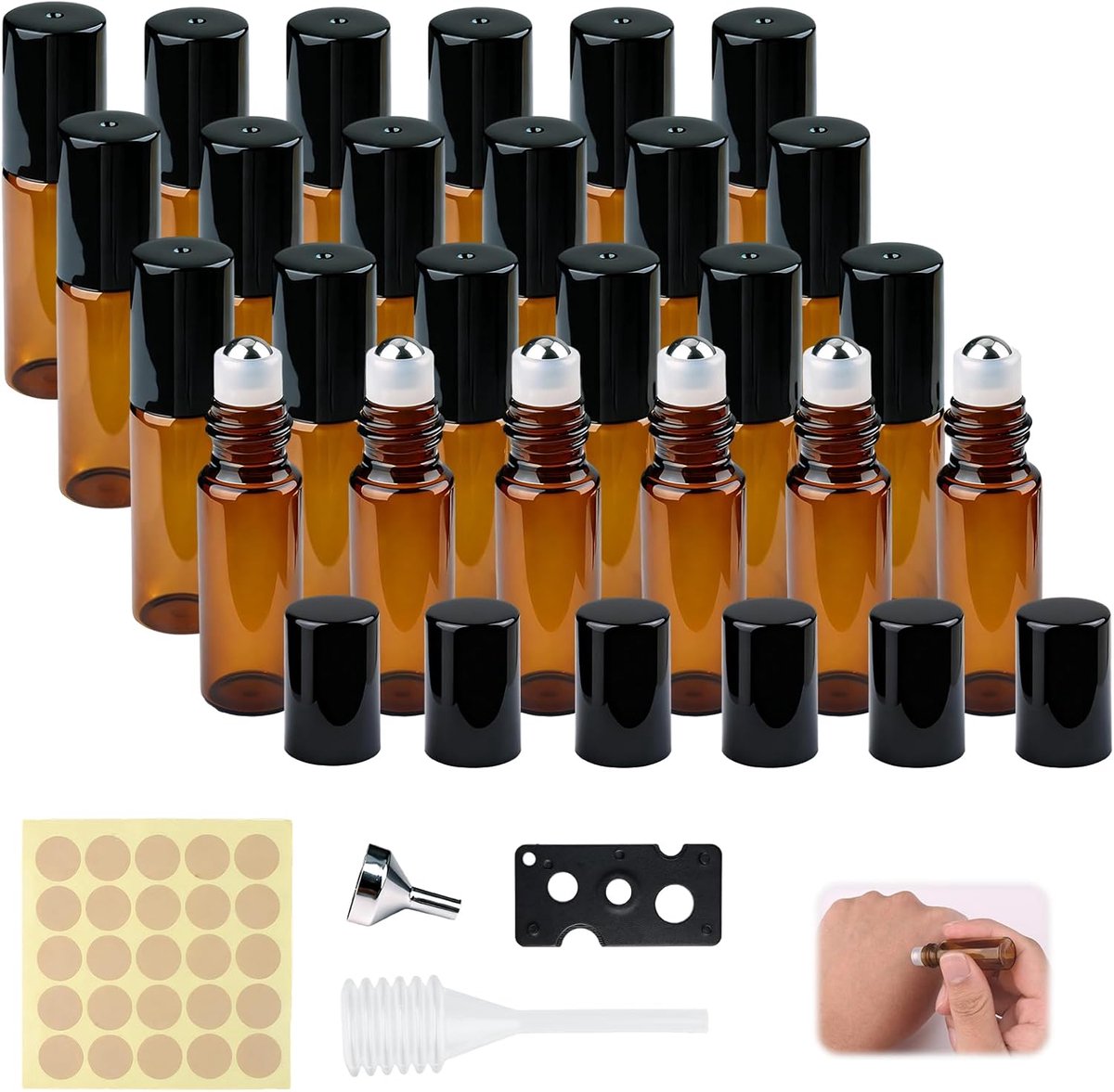 SnelShoppen - 24 Stuks 5ml Bruine Roll-On Flesjes - Lege Glazen Rollers voor Essentiële Olie - Compleet met Pipetten, Trechter, Stickers en Flesopener