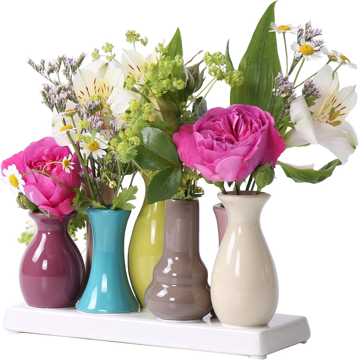 SnelShoppen - Set van 7 Moderne Keramische Vazen | Multicolor 18 x 7 x 11 cm | Decoratieve Bloempotten | Huisdecoratie | Ornamenten voor Woonkamer en