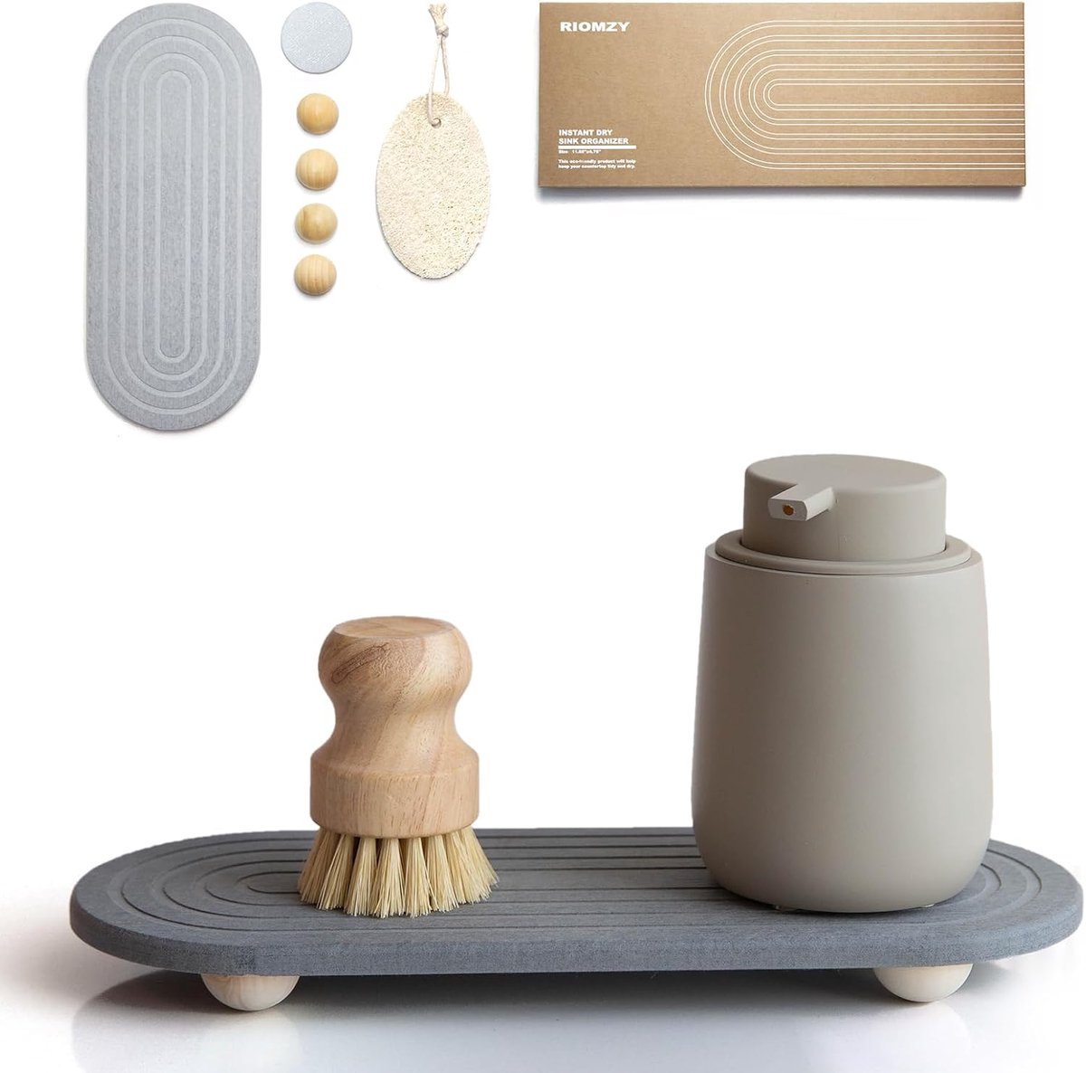 SnelShoppen - Instant Dry Sink Caddy Organizer met Waterabsorberende Steen, Sneldrogende Afwasbak Tray voor Keuken en Badkamer, Grijs met Houten Poten