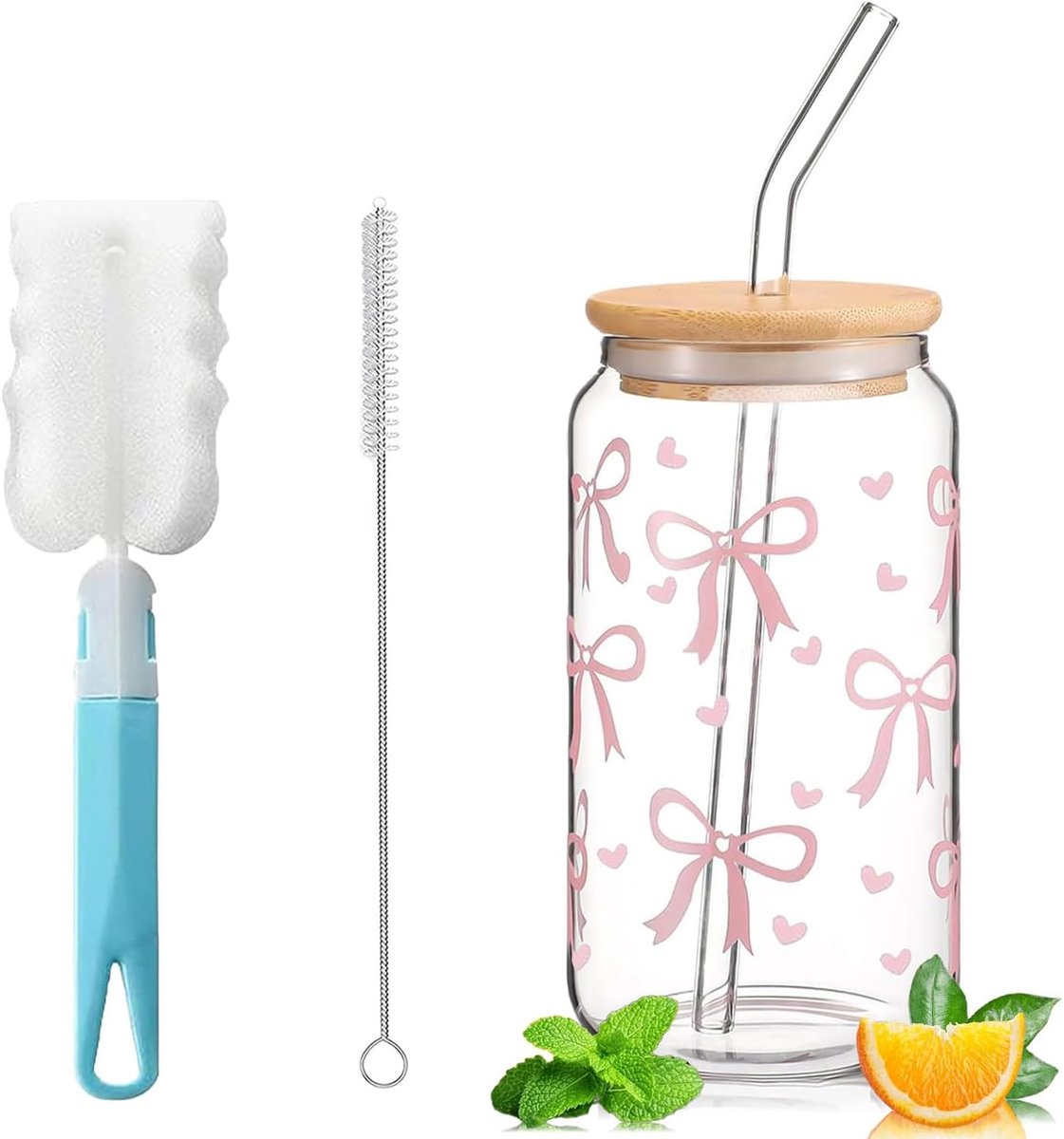 SnelShoppen - Drinkglas met Rietje en Deksel - Bubble Tea Cup met Glazen Rietje - 473 ml Iced Coffee Matcha Glas met Strikontwerp - Cola Glazen voor I