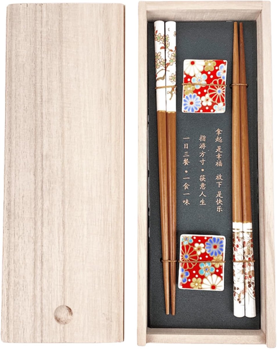 SnelShoppen - Sushi Chopsticks Set van 2 Pairs Houten Sushi Sticks met Keramische Kersenbloesem Pads, Duurzame Houten Box voor Japanse, Chinese, Korea