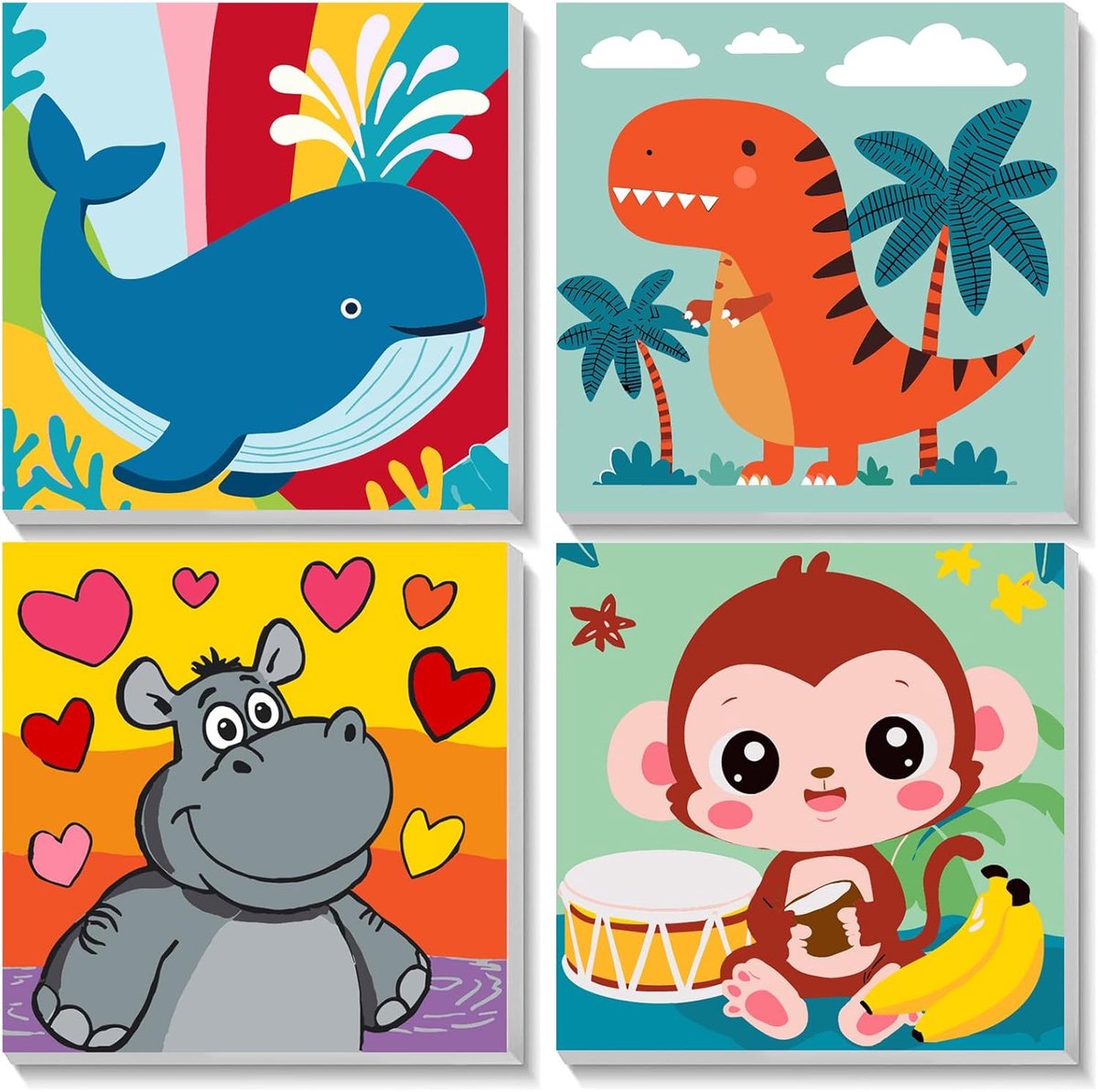 SnelShoppen - 4pcs Schilderen op Nummer Set Kinderen - Dieren - Walvis, Dinosaurus, Nijlpaard, Aap - DIY Schilderen met Acrylverf en Lijsten 20x20cm -