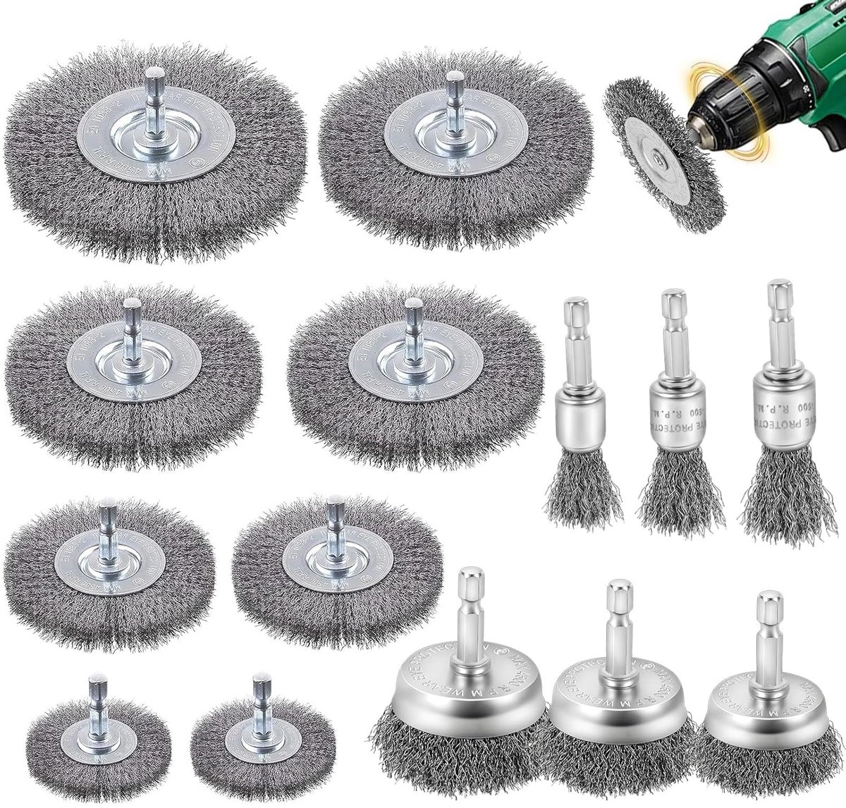 SnelShoppen - 14-delige Metaal Borstelset voor Boormachine - 6mm Hexaansluiting - Verwijdering van Roest, Corrosie en Verf - T-bar, Komvormige en Pen