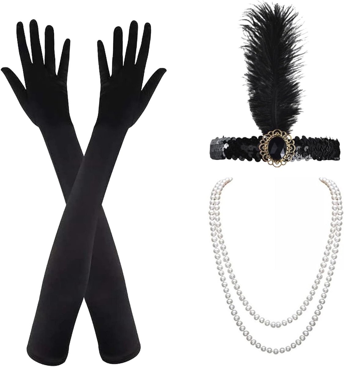 4 x 1920s Flapper Great Gatsby Accessoire Set met Hoofdband, Lange Zwarte Mouwen en Ketting voor Charleston Kostuum voor Vrouwen