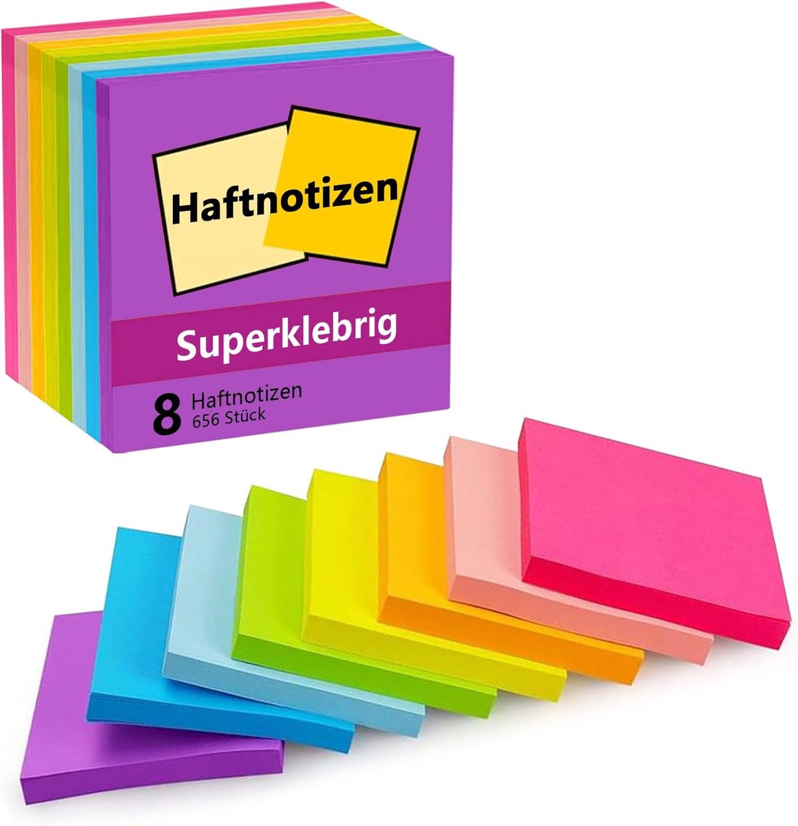 SnelShoppen - 8 Blokken Sticky Notes 76x76mm, Zelfklevende Notities in 8 Kleuren, 656 Vellen Geschikt voor School, Thuis en Kantoor