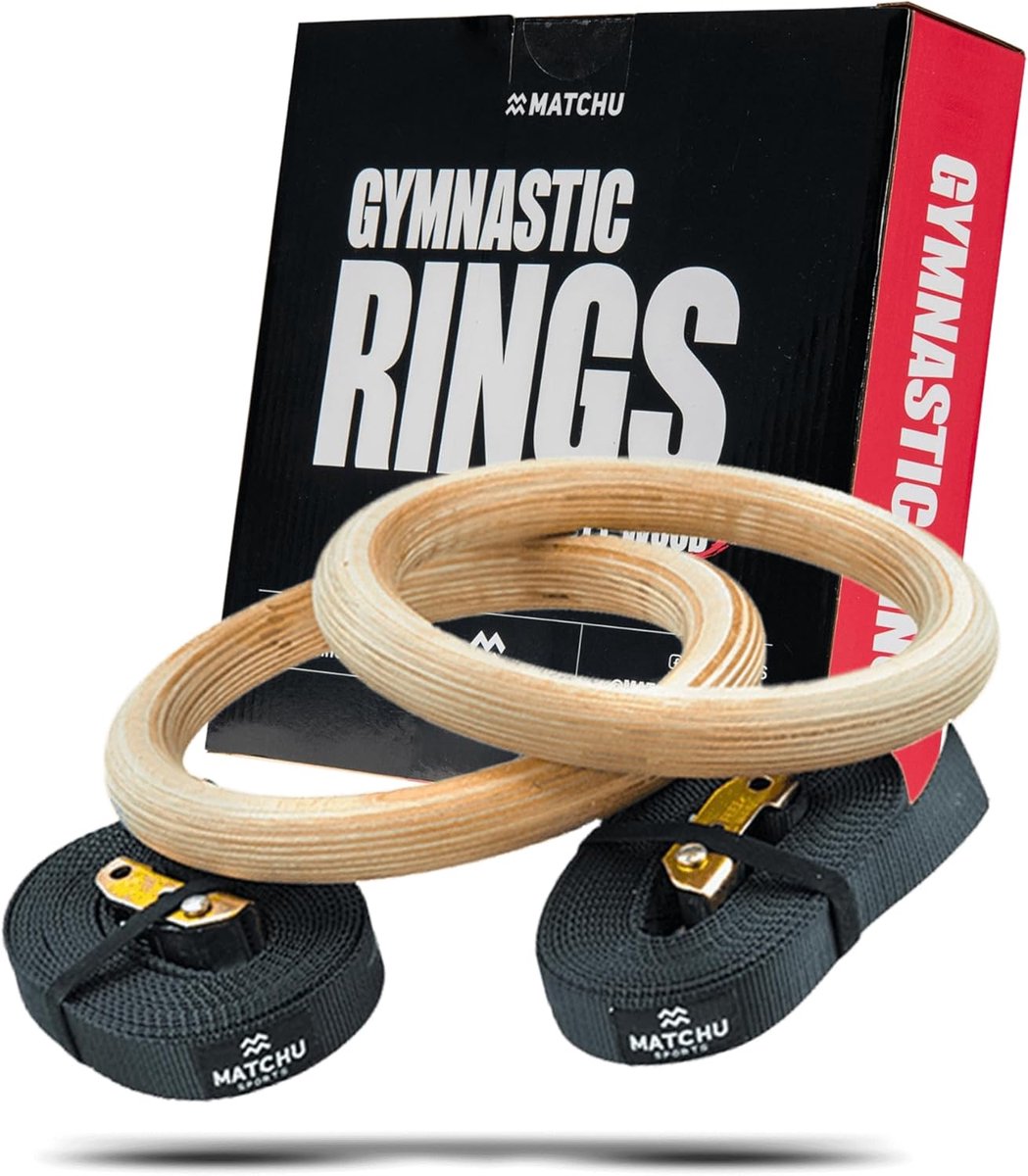 SnelShoppen - Houten Gym Ringen - Fitness Ringen - Verstelbare Gymnastiek Ringen tot 400 kg - 2 Stuks met Nylon Straps - Zwart