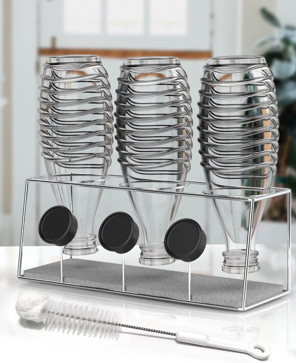 SnelShoppen - Flessenhouder SodaStream Afdruiprek Roestvrij Staal Zilver met 3 Flesjes en Flessendeksel, Sneldrogende Absorberende Kiezelgoer en Borst