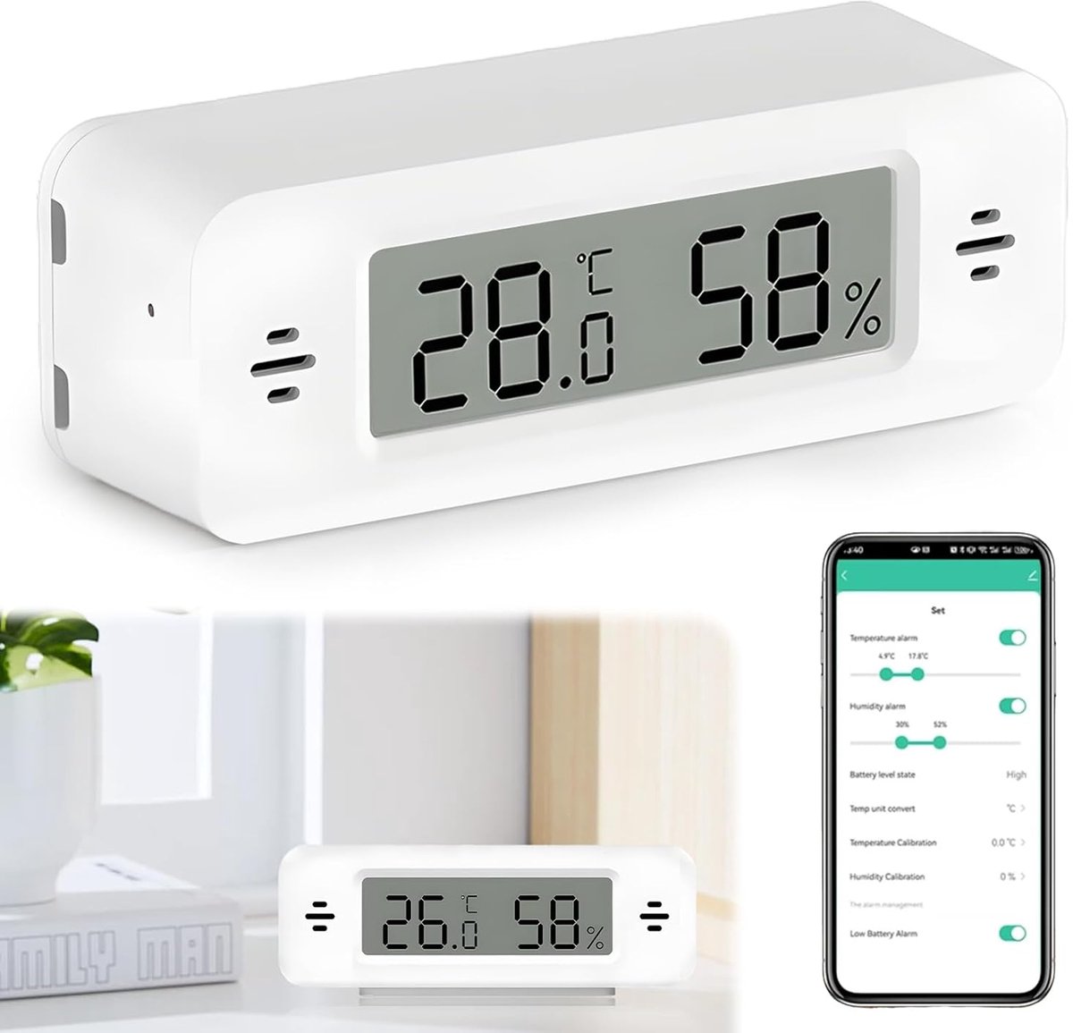 SnelShoppen - WiFi Hygrometer Thermometer Sensor - Thermo-hygrometer voor Thuis, Broeikas, Luchtvochtigheidsmeter met App, Spraakbediening en Alarm