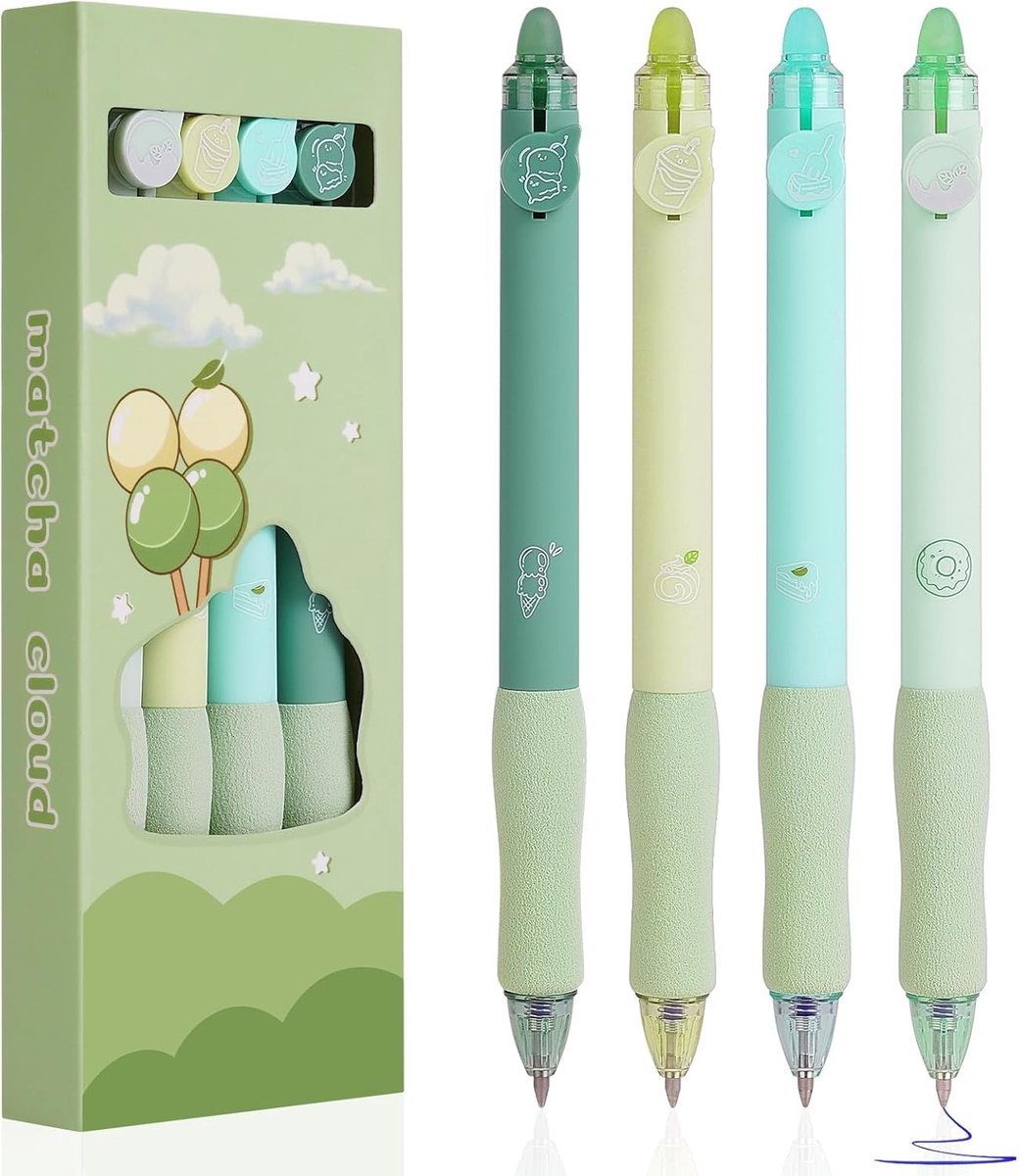 SnelShoppen - 4 Stuks Erasable Gelpennen Blauwe Rollerball Pen met Gummetje - 0.5mm Schrijfgerei voor Kinderen, Studenten en Kantoor - Cartoon Beer On