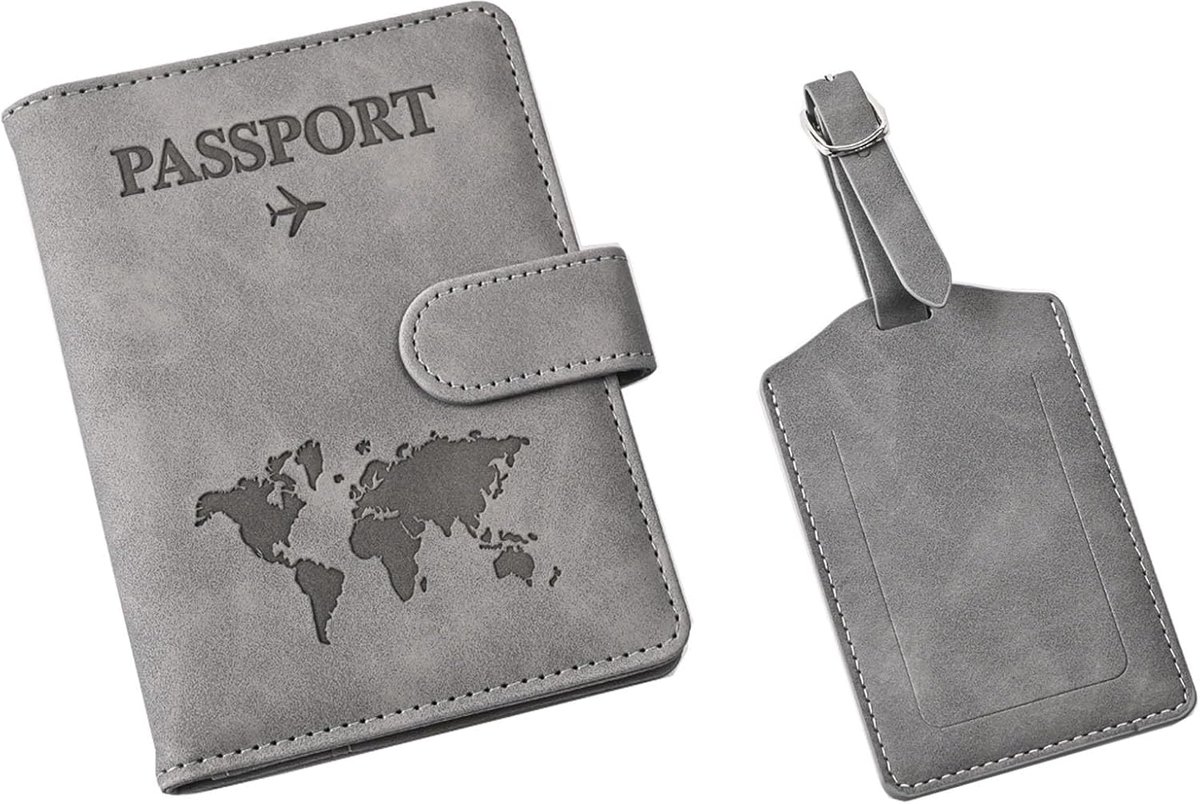 SnelShoppen - Passport Houder en Bagagelabel Set met RFID Bescherming - Leren Paspoort Cover en Kofferhangtag - Bruin - 15x10.5x1.2cm voor Veilig Reiz