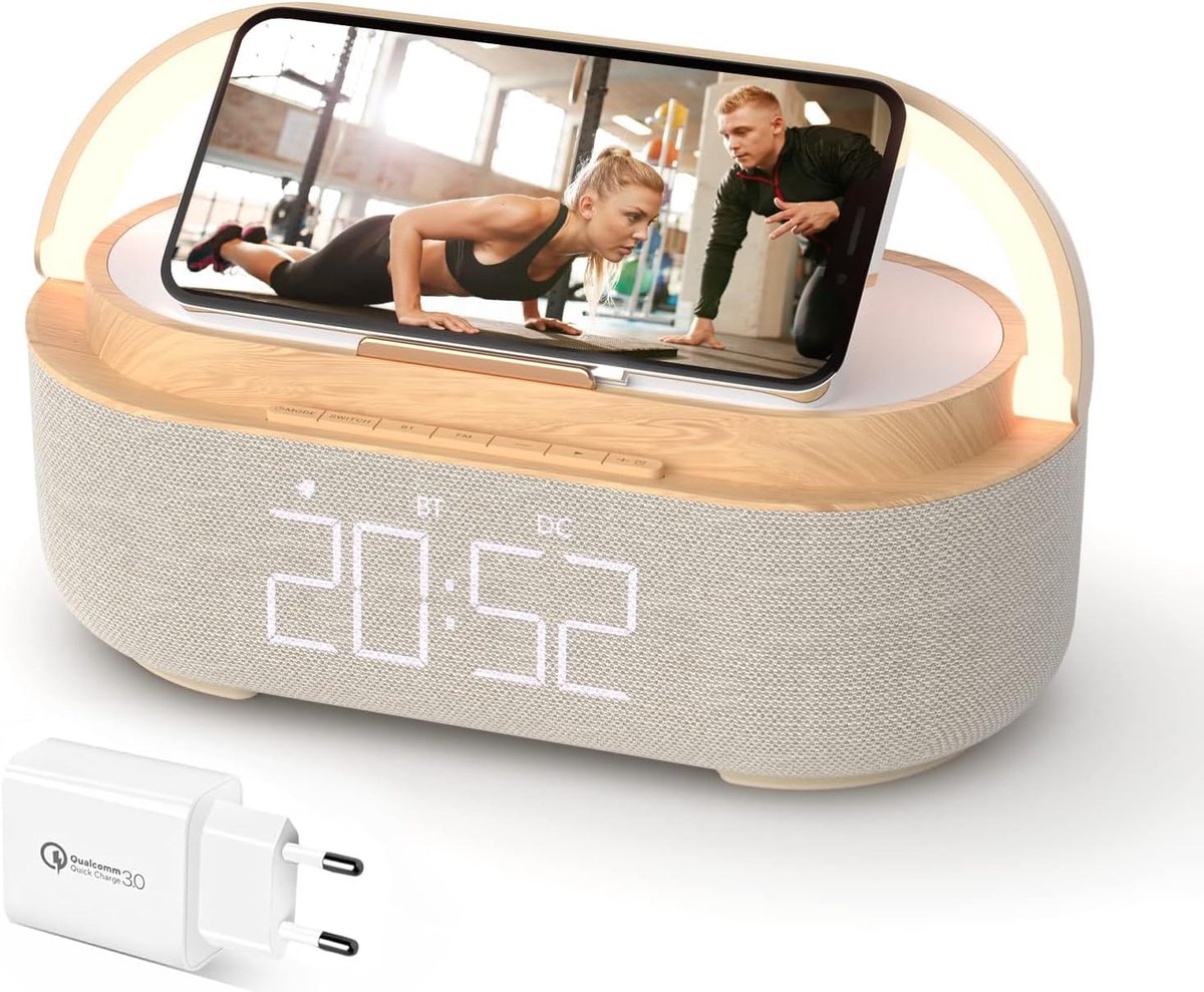 SnelShoppen - Digitale Wekkerradio met Draadloze Oplader, Bluetooth-Luidspreker, USB-Oplader, Slimme Sluimerfunctie, Inductief Laadstation, Dimbaar LE