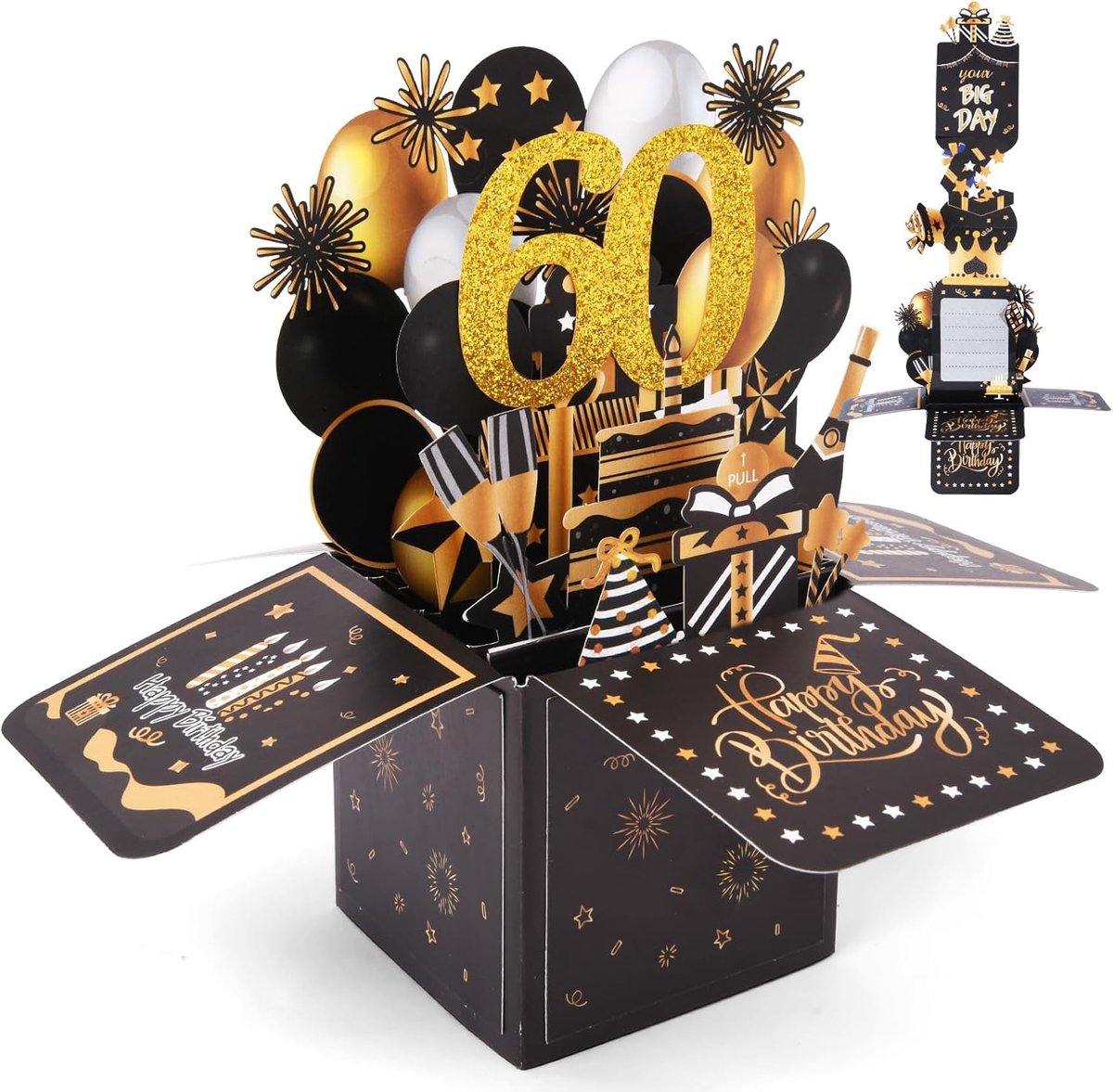 SnelShoppen - 3D Verjaardagskaart voor 60ste Verjaardag, Pop-up Kaart met Envelop, Zwart en Goud, Verjaardagscadeau voor Vrouwen, Mannen en Kinderen