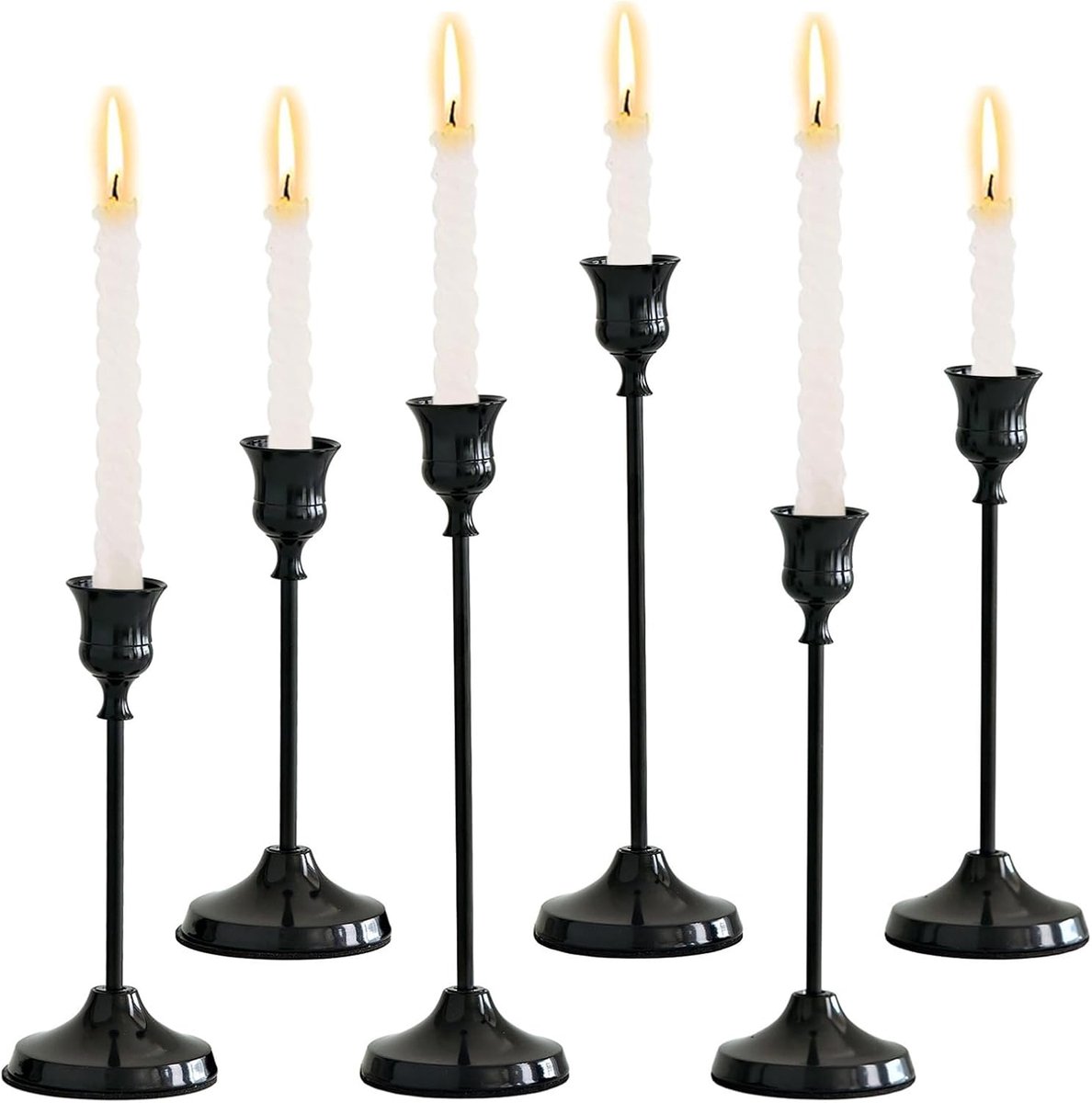 SnelShoppen - Decoratieve Vintage Kaarsenhouder Set van 6 - Zwart - 3 Maten (16/19/22cm) voor Feest, Bruiloft, Verjaardag en Ceremonies