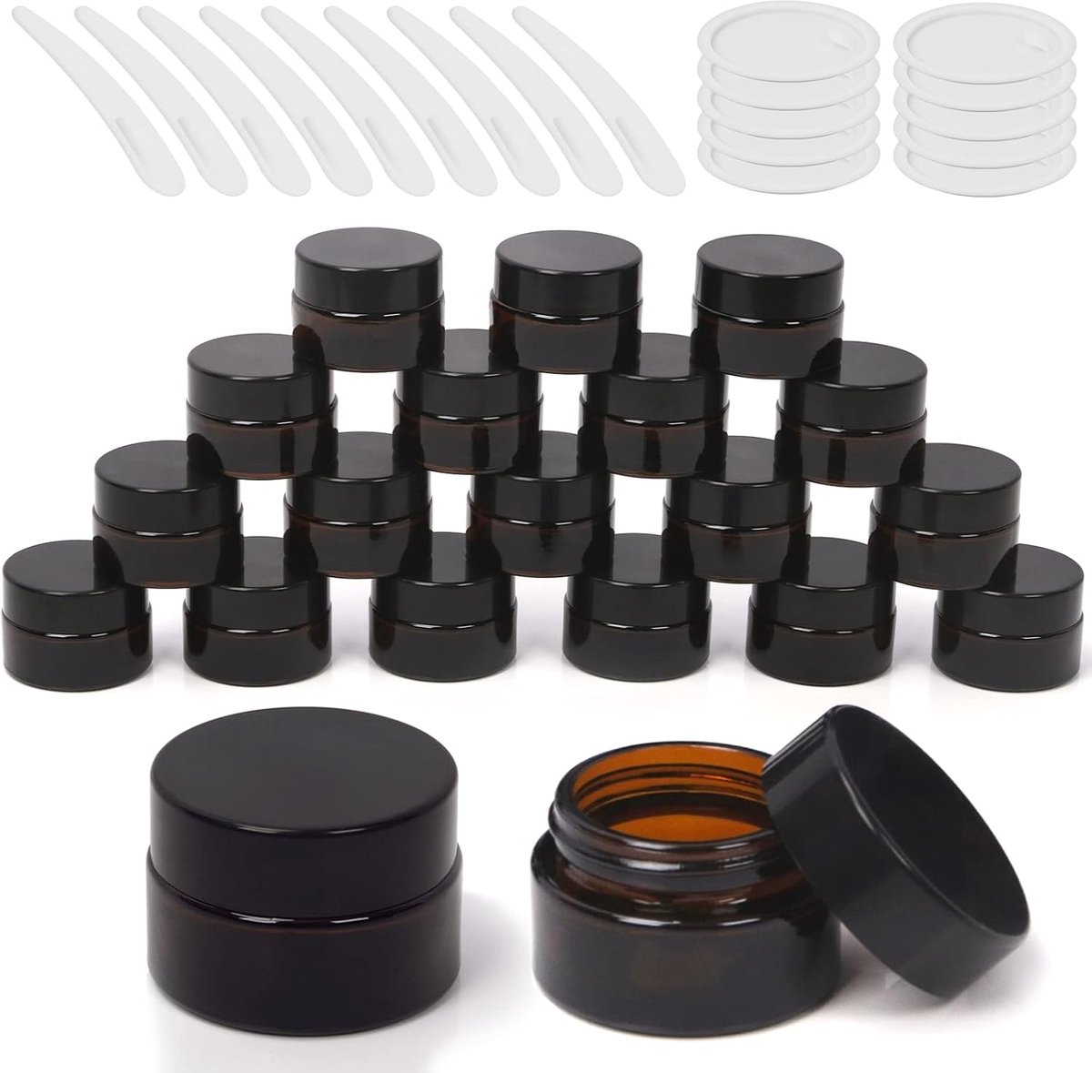 SnelShoppen - 20-Piece 15ml Amber Glass Jars met Deksel en Spatula's - Ronde Reiskcontainers voor Ointments, Lotion, Crème, Sample Pack - UV-beschermi