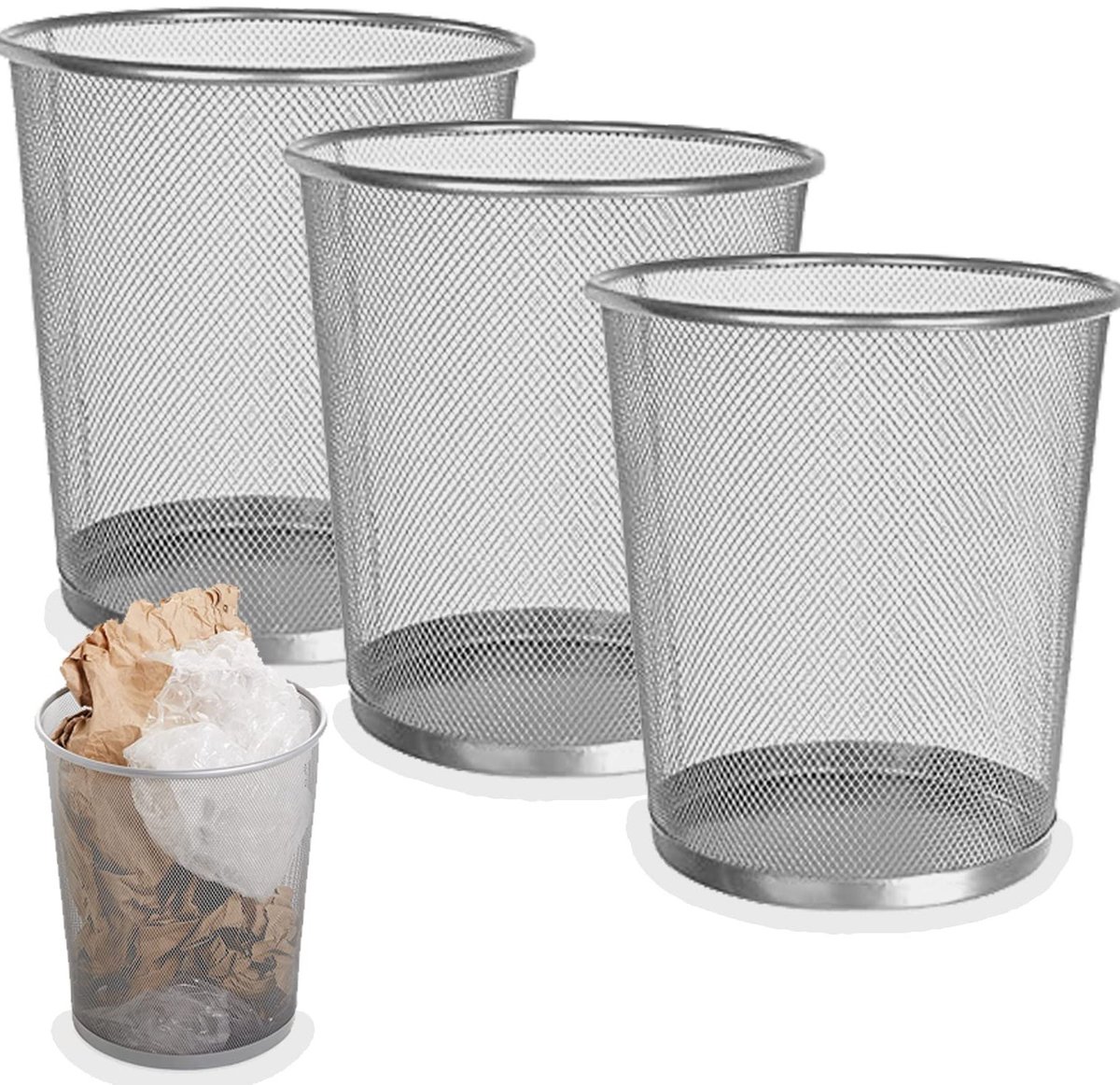 Set van 3 Stalen Prullenbakken 12L voor Kantoor, Slaapkamer en Badkamer - Papierbakken met Gaasontwerp en Compacte Afmetingen