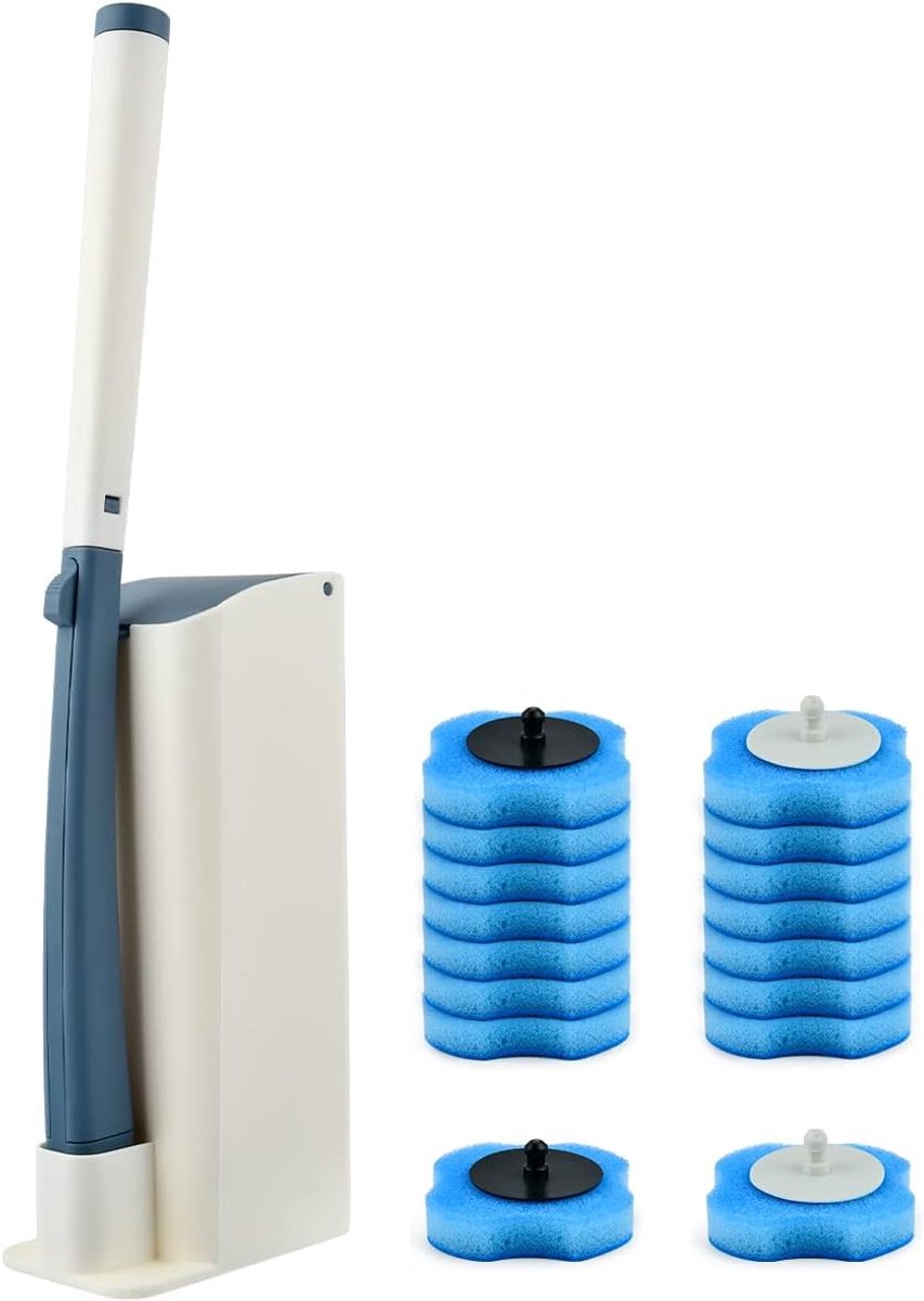 SnelShoppen - Disposable Toilet Brush Set met Houder - 17 Stuks - Hygiënische Toilet Cleaning Wand met 16 Vervangbare Heads en Reiniger - Duurzaam en