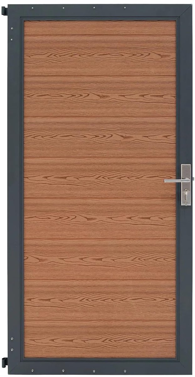 SnelShoppen - Composite Tuindeur Poort Bruin 1.8m H Angular Slat & 105cm Aluminium Paal met WPC Houtstructuur Paneel Dubbelzijdig 100W x 180cm H Tuin