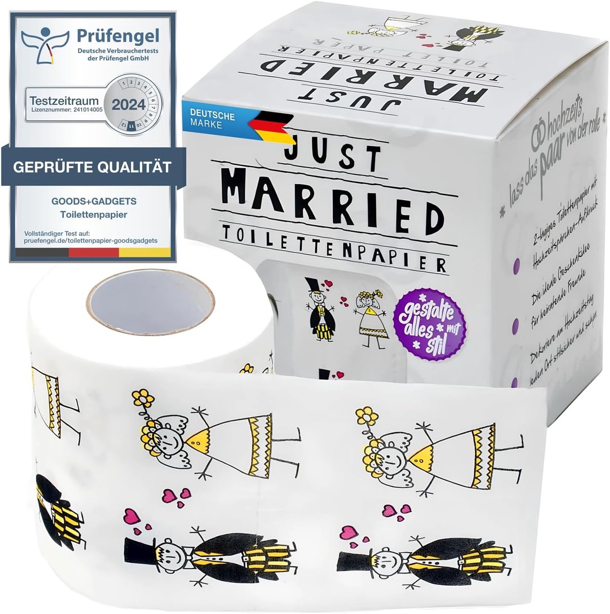 SnelShoppen - Just Married Toilet Paper - Grappig Trouwen Cadeau - Geprinte Toiletpapier met 200 Vellen - Perfect voor Hennight of Bruiloft in Luxe Ca