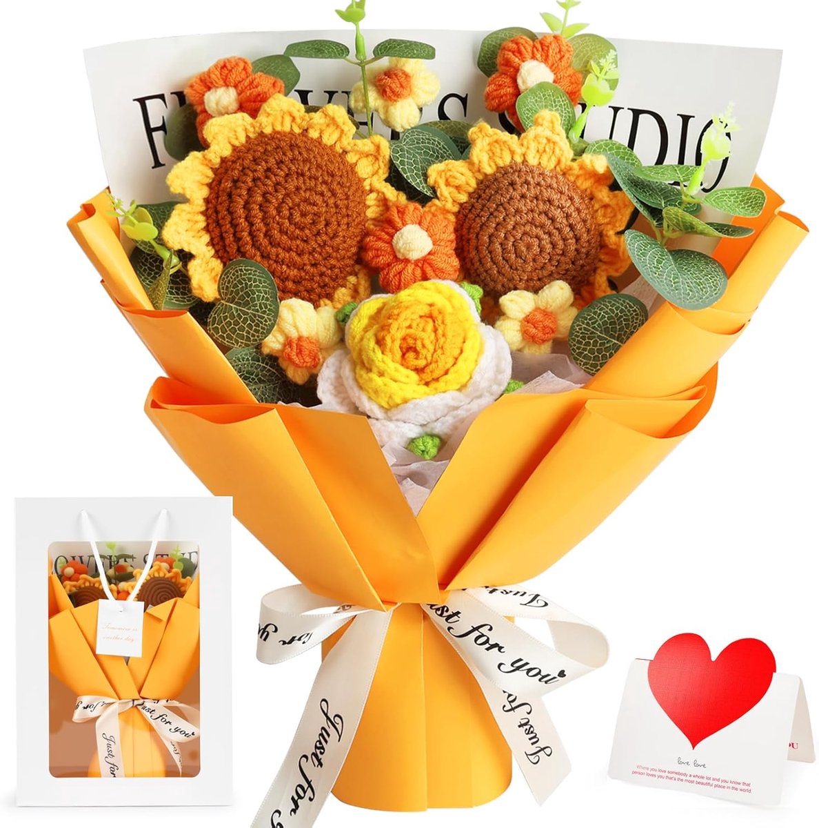 SnelShoppen - Haakbloemen Boeket met Zonnebloemen en Rozen, Kunstbloemen voor Moederdag, Verjaardag, Afstuderen, Huwelijk en Hu decoration
