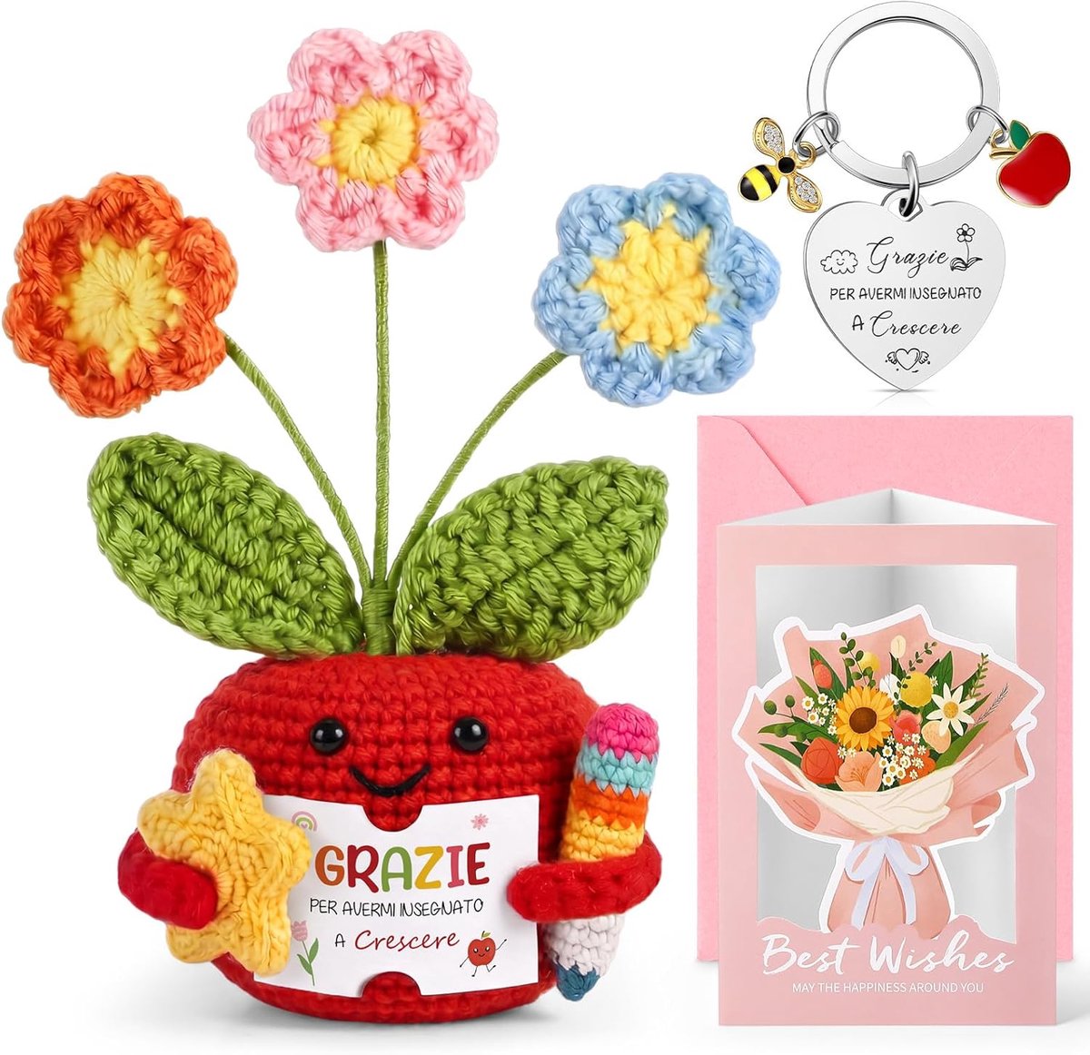 SnelShoppen - Cadeauset Voor Vrienden, Zus, Docent - Gebreide Potplanten, Roze Bloem Sleutelhanger, Gedroogde Wenskaarten, Bedankcadeaus Voor Kerstmis