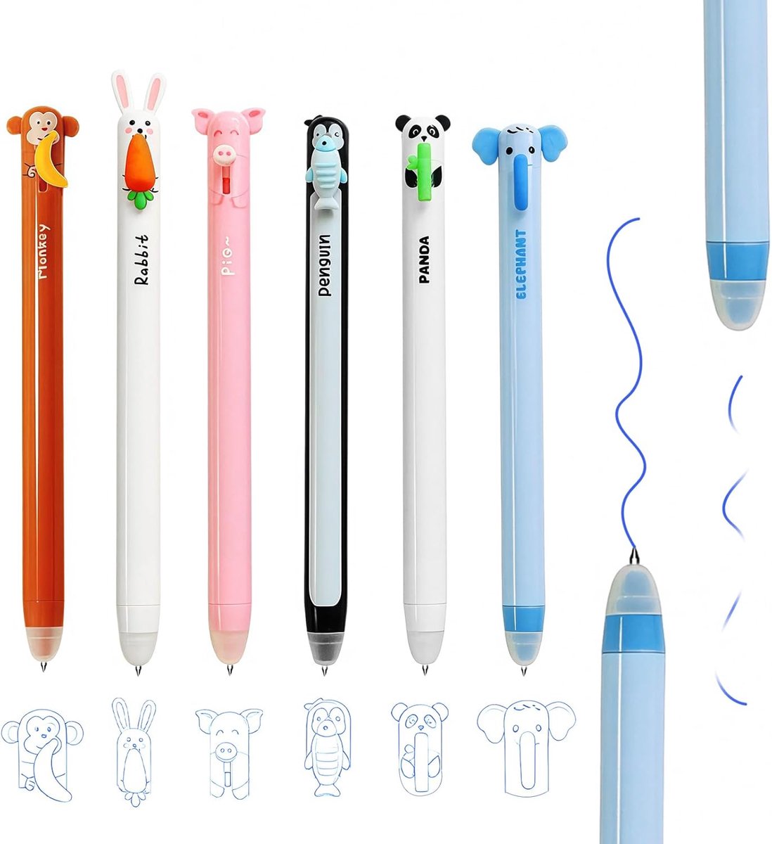 SnelShoppen - Set van 6 uitwisbare balpennen 0,7 mm met schattige diermotieven voor kinderen - Kawaii gelpennen met geïntegreerde gum - Ideaal voor sc
