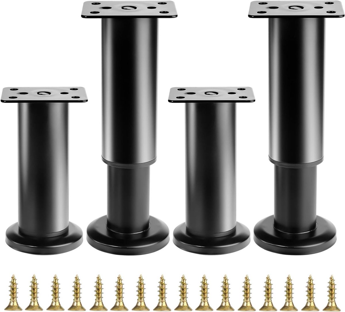 4x Zwarte Verstelbare Meubelpoten (12-18 cm) voor Kast, Bank en Tafel